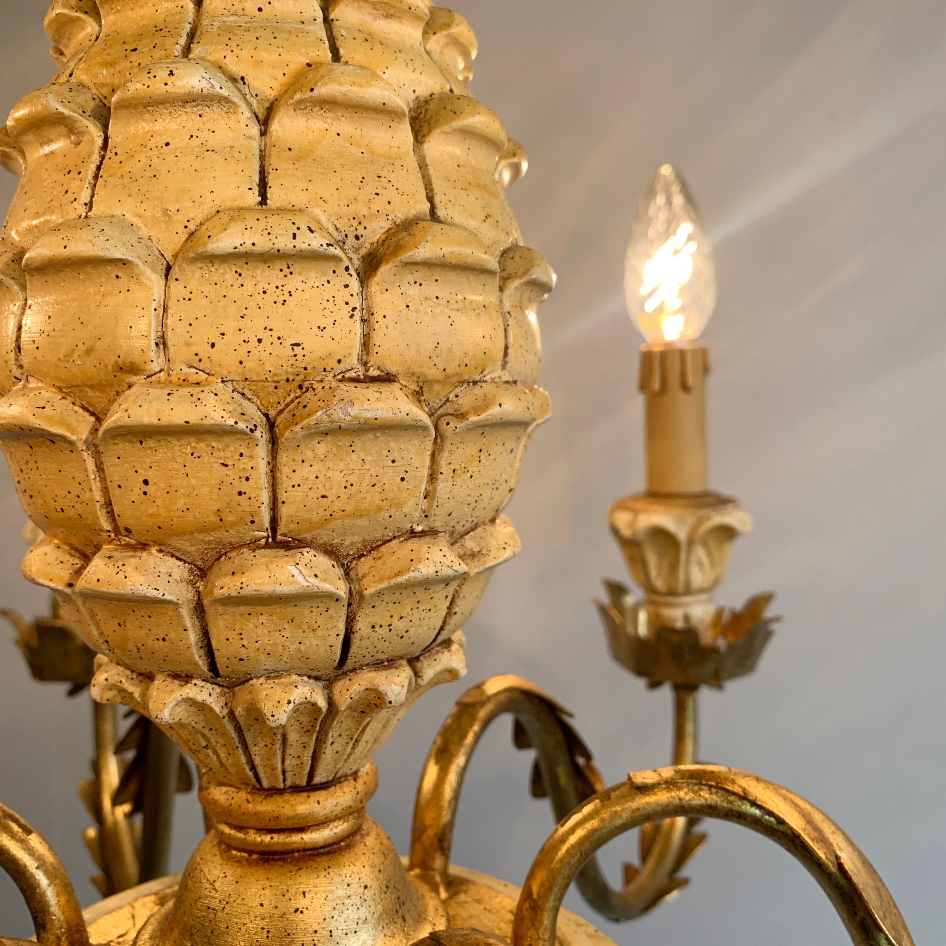Italian Pineapple Chandelier Cream Carved Wood 1970s For Sale 6