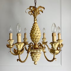 Italian Pineapple Chandelier Cream Carved Wood 1970s