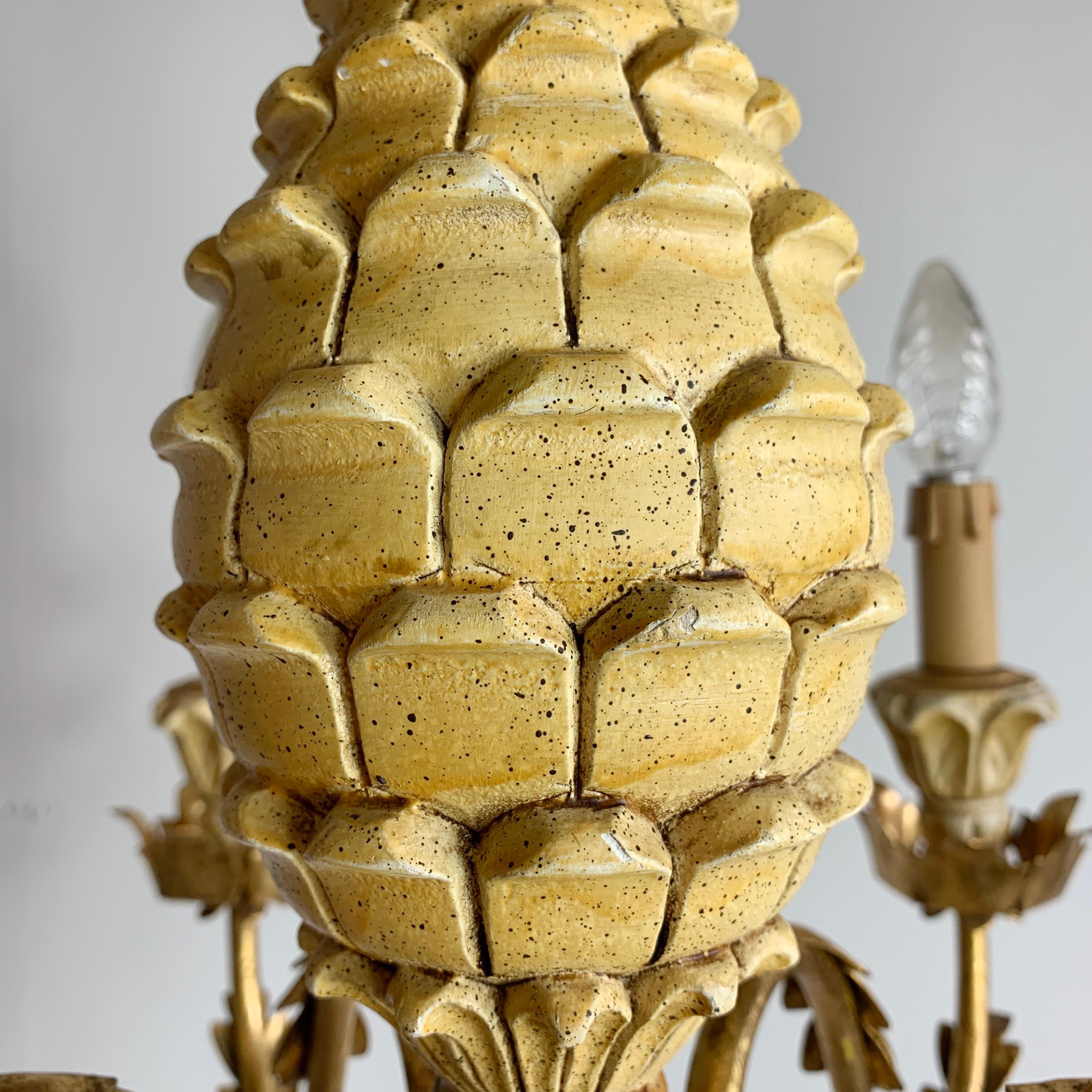 Mid-Century Modern Italian Pineapple Chandelier Cream Carved Wood 1970s For Sale