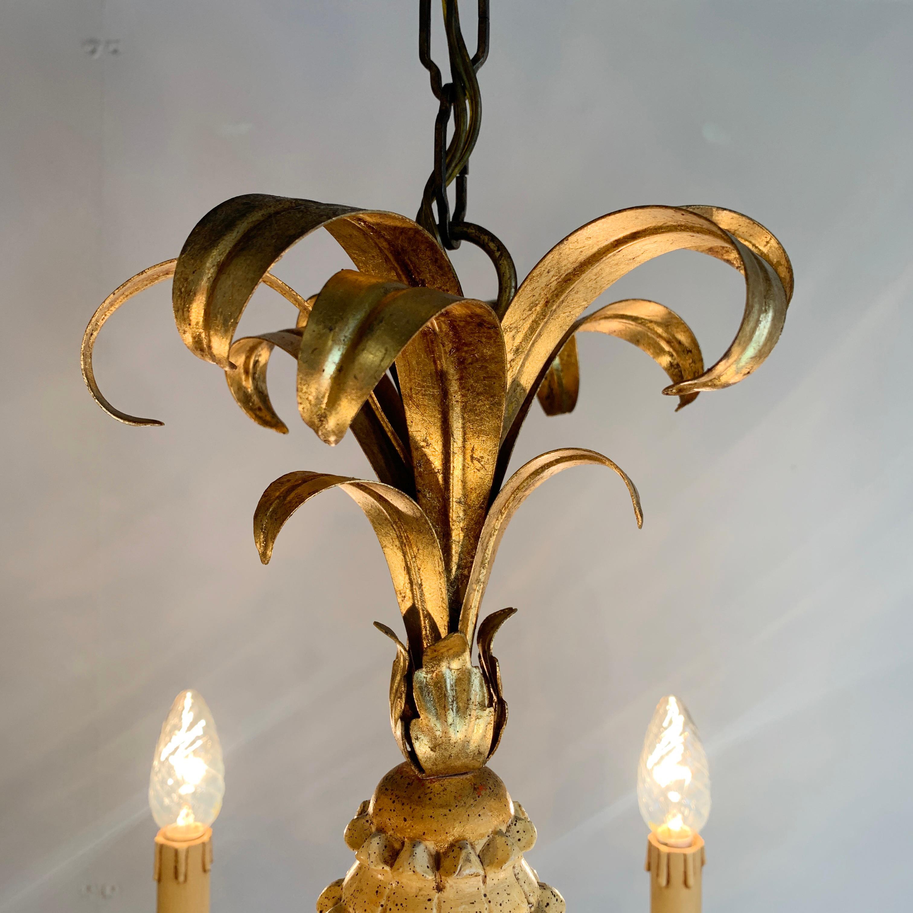 Italian Pineapple Chandelier Cream Carved Wood 1970s For Sale 2