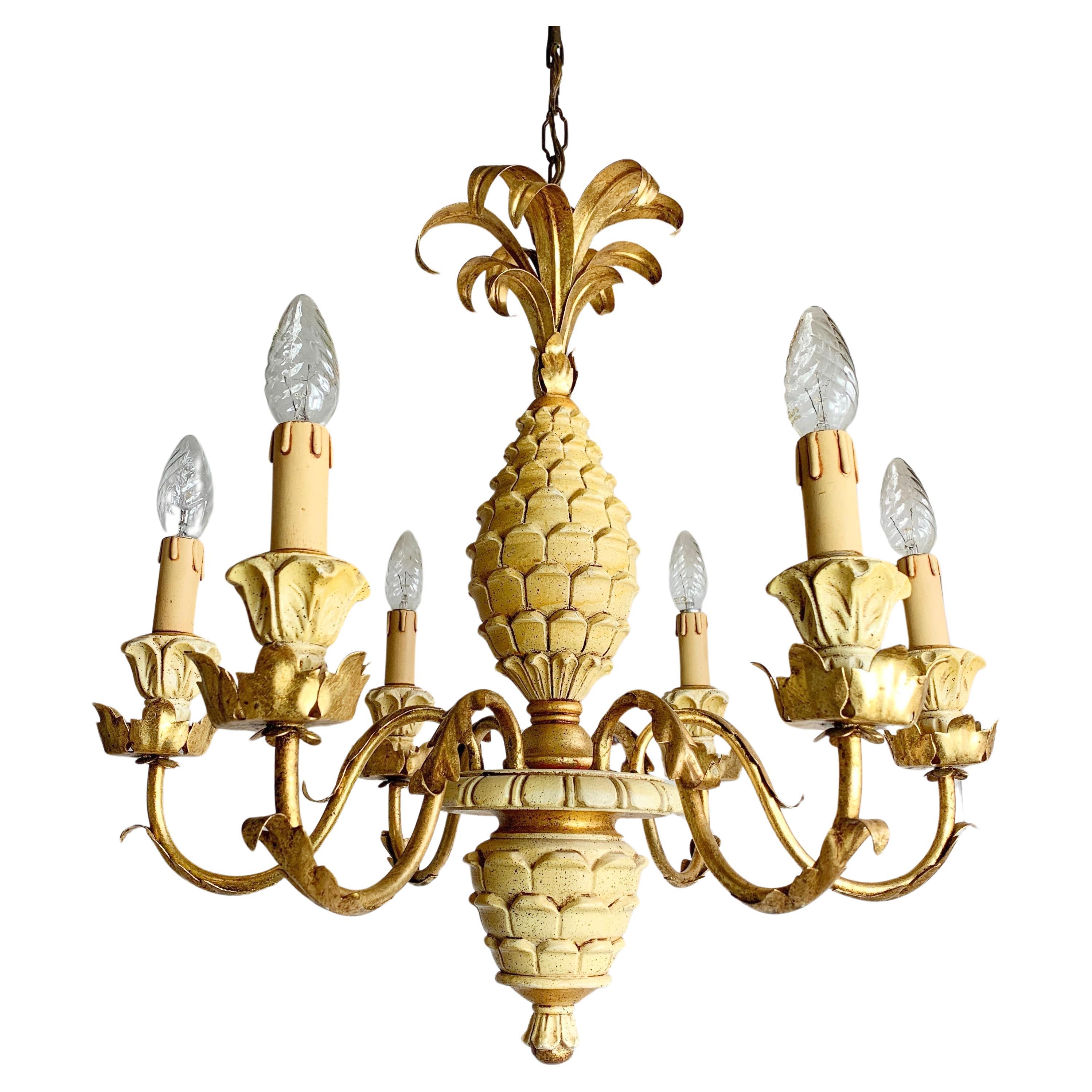 Italian Pineapple Chandelier Cream Carved Wood 1970s For Sale