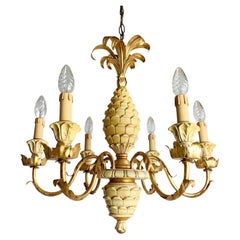 Italian Pineapple Chandelier Cream Carved Wood 1970s