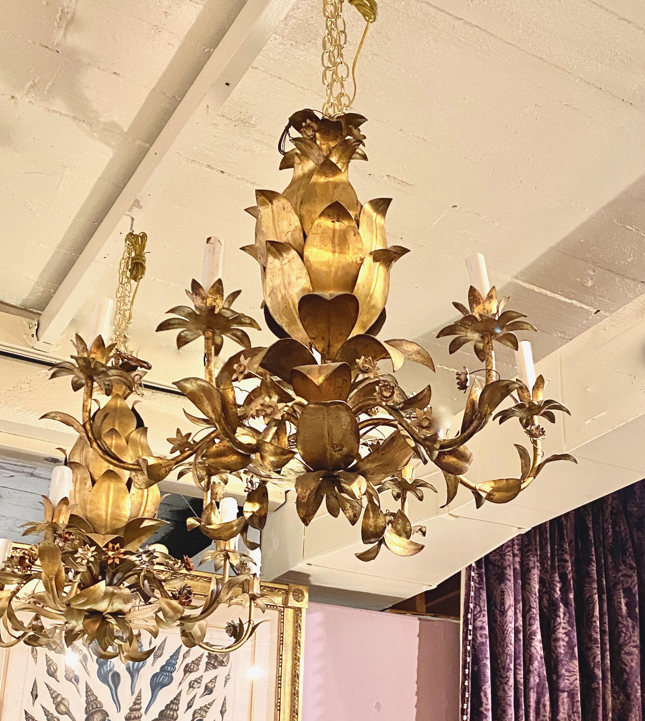 Italian Pineapple-Form Gilt Tole Chandeliers, 2 Available In Good Condition In Pasadena, CA
