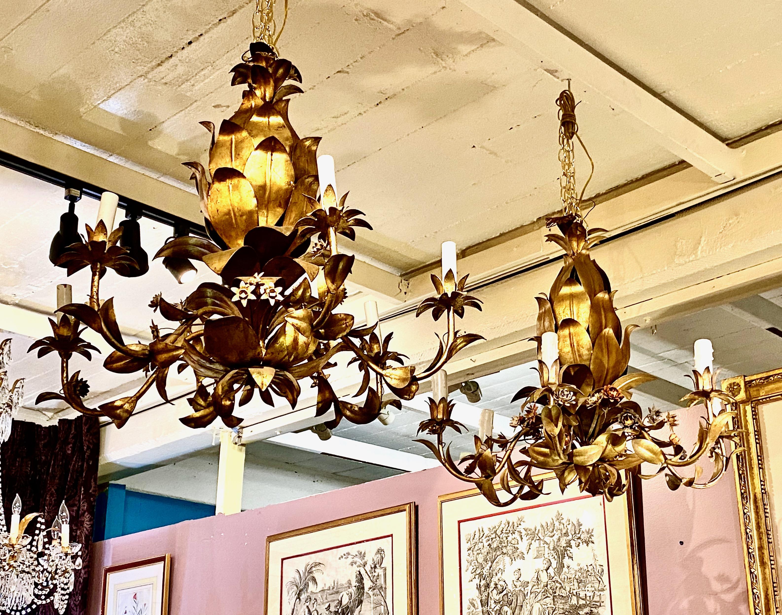 Mid-20th Century Italian Pineapple-Form Gilt Tole Chandeliers, 2 Available