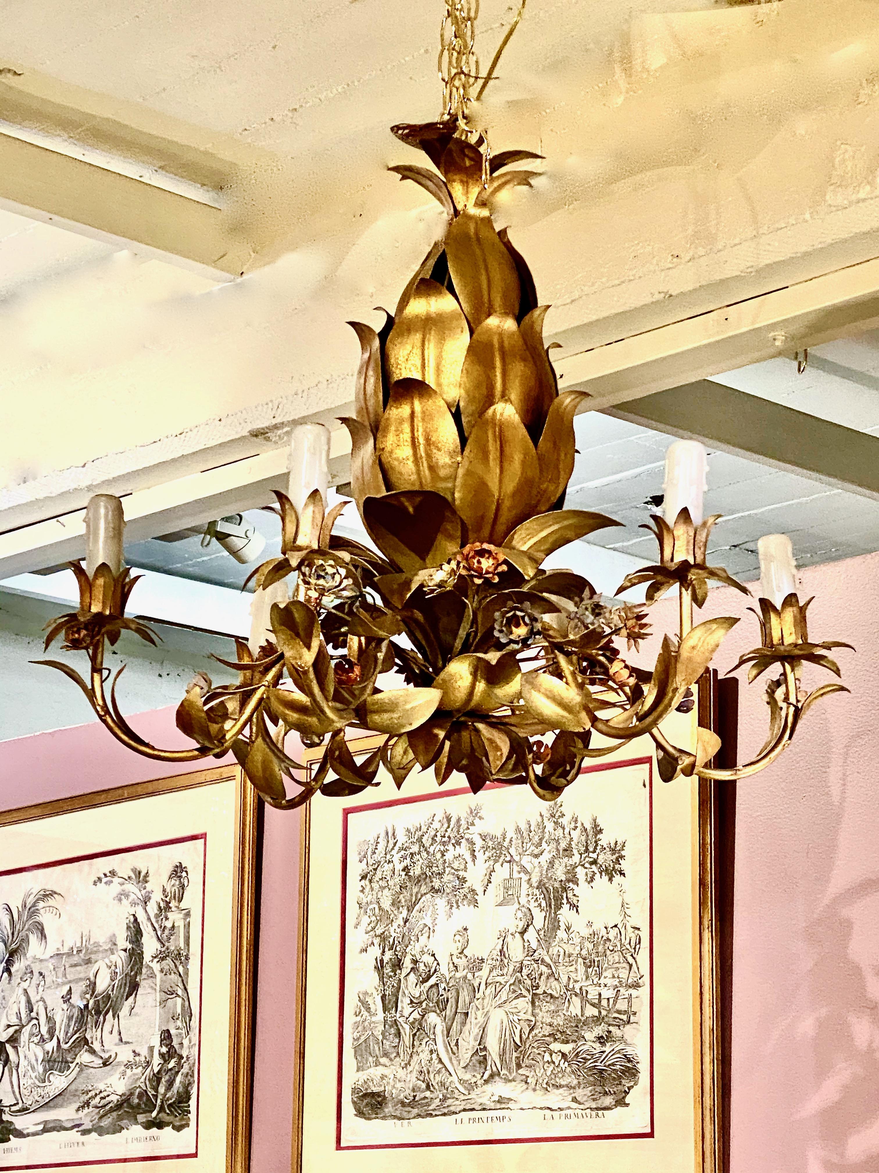 Metal Italian Pineapple-Form Gilt Tole Chandeliers, 2 Available