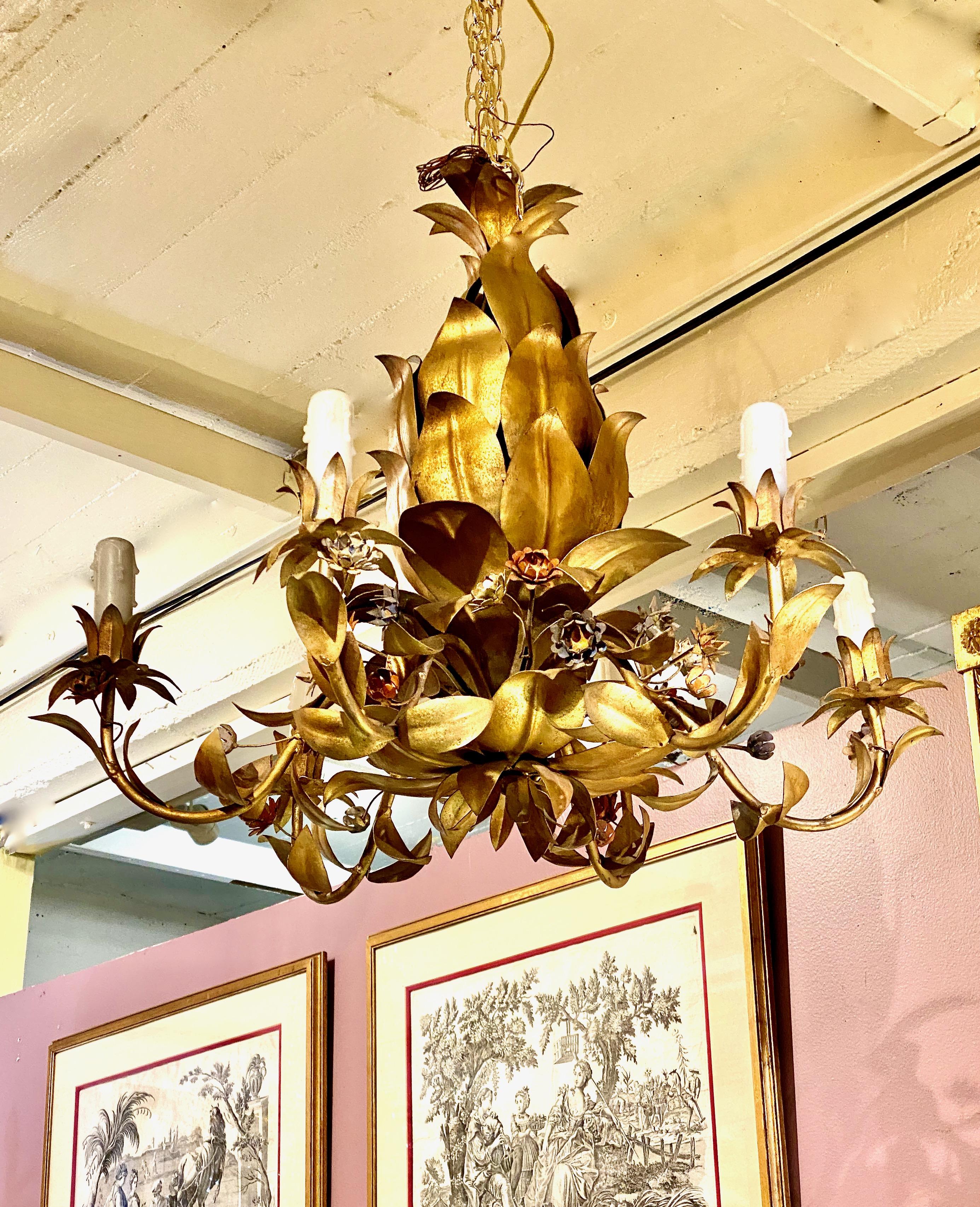Italian Pineapple-Form Gilt Tole Chandeliers, 2 Available 1