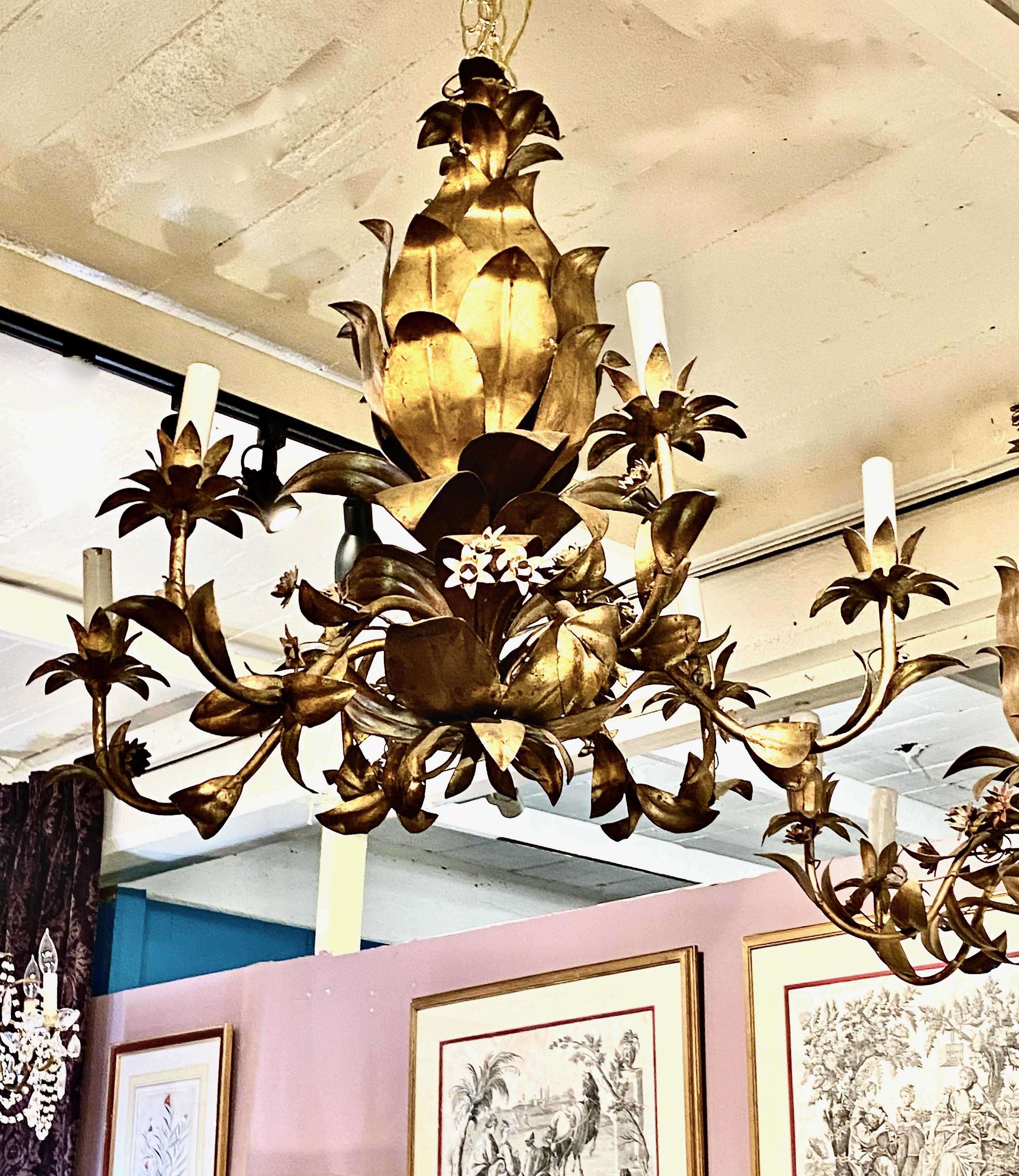 Italian Pineapple-Form Gilt Tole Chandeliers, 2 Available 2