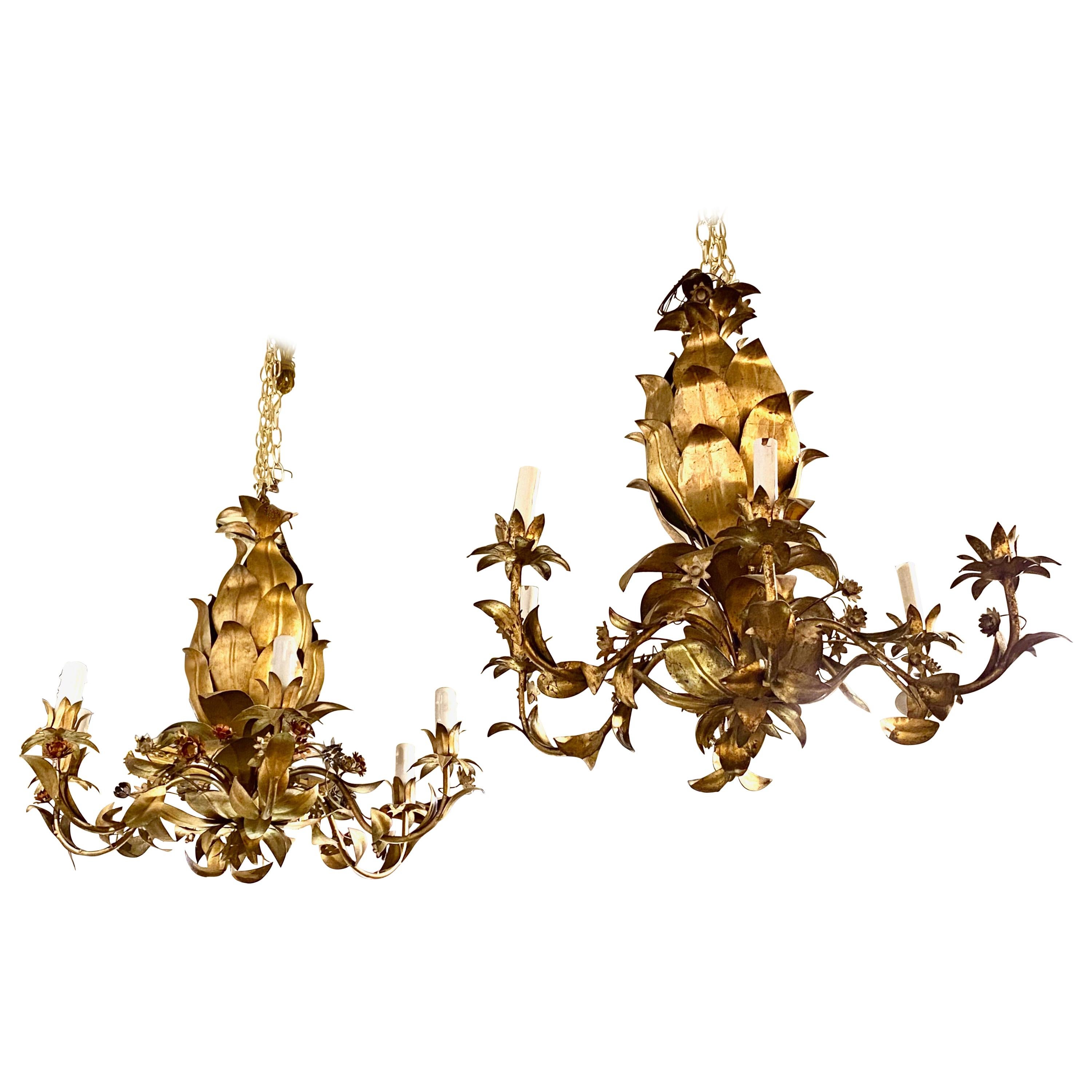 Italian Pineapple-Form Gilt Tole Chandeliers, 2 Available