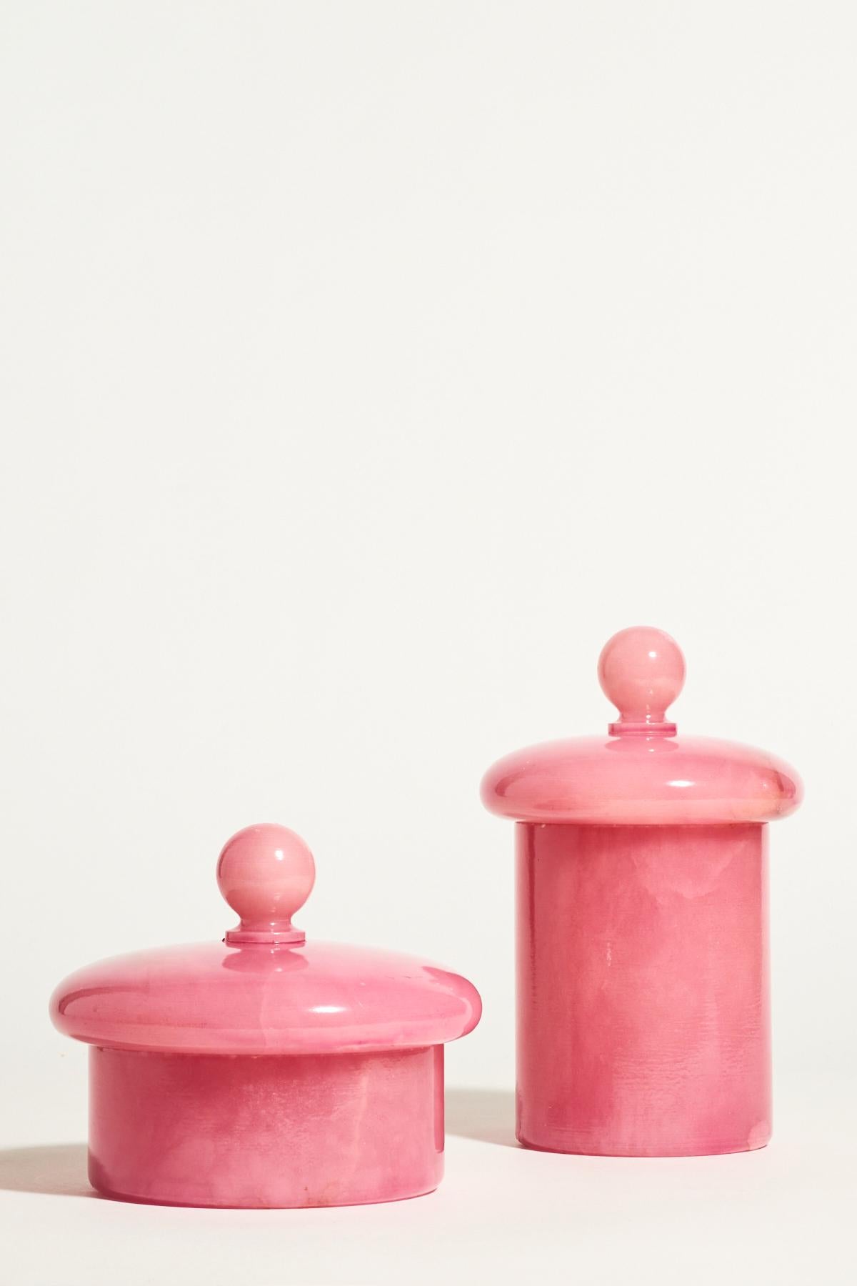 Vivid pink alabaster jar set.