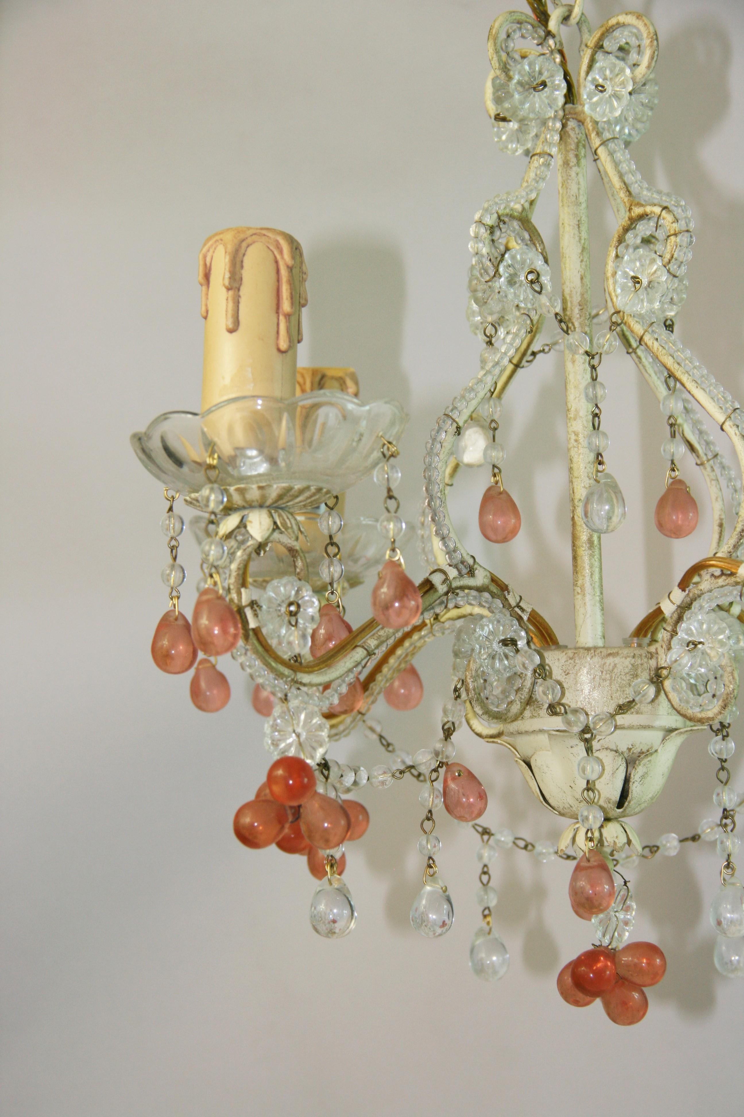 Lampadario italiano in cristallo rosa e trasparente in vendita 4