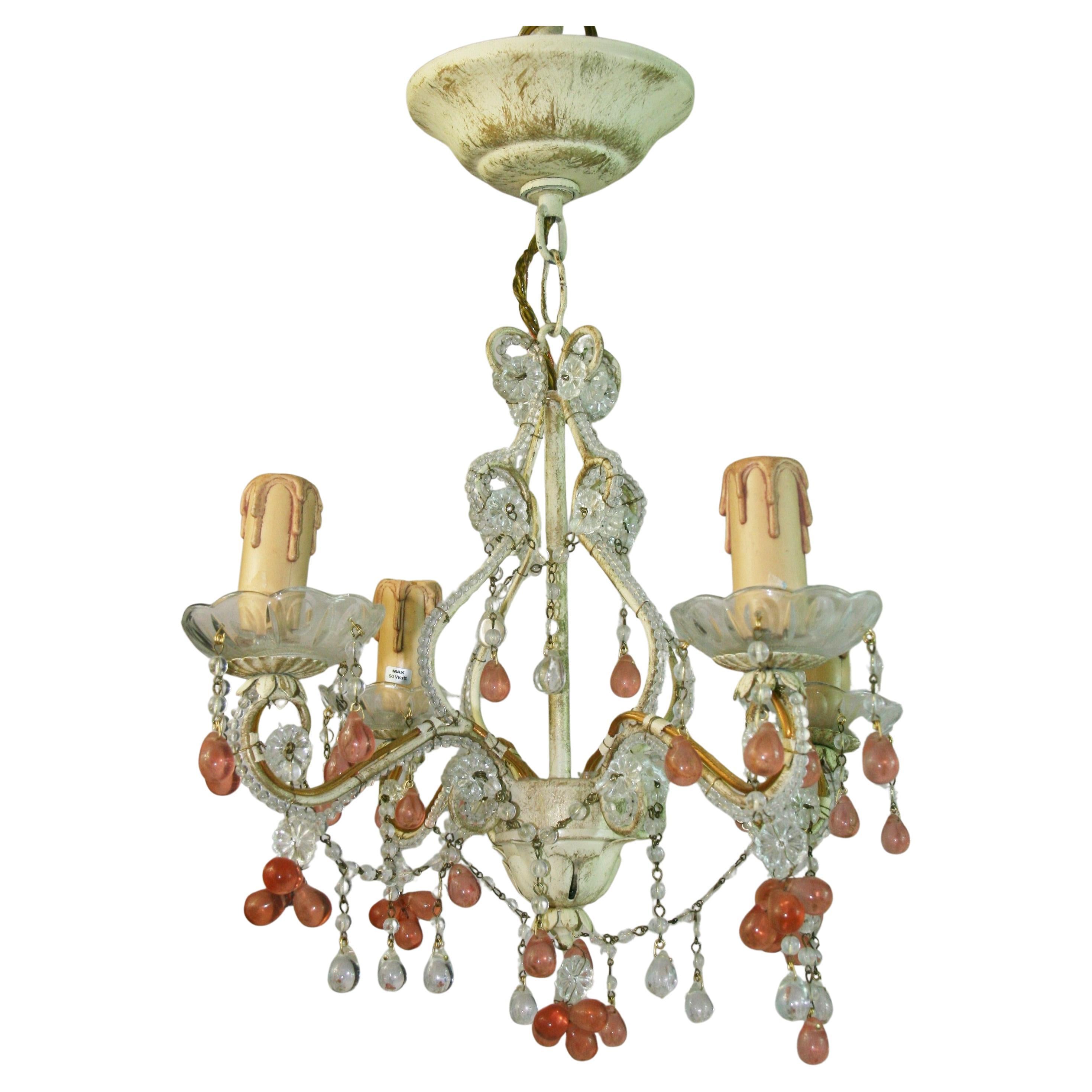 Lampadario italiano in cristallo rosa e trasparente