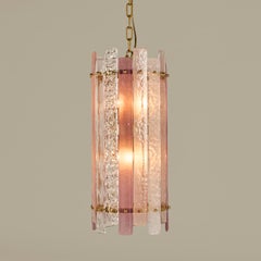Italian pink and clear hand-blown Murano glass and brass pendant