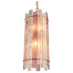Italienischer Kronleuchter aus mundgeblasenem rosa und klarem Murano-Glas und Messing