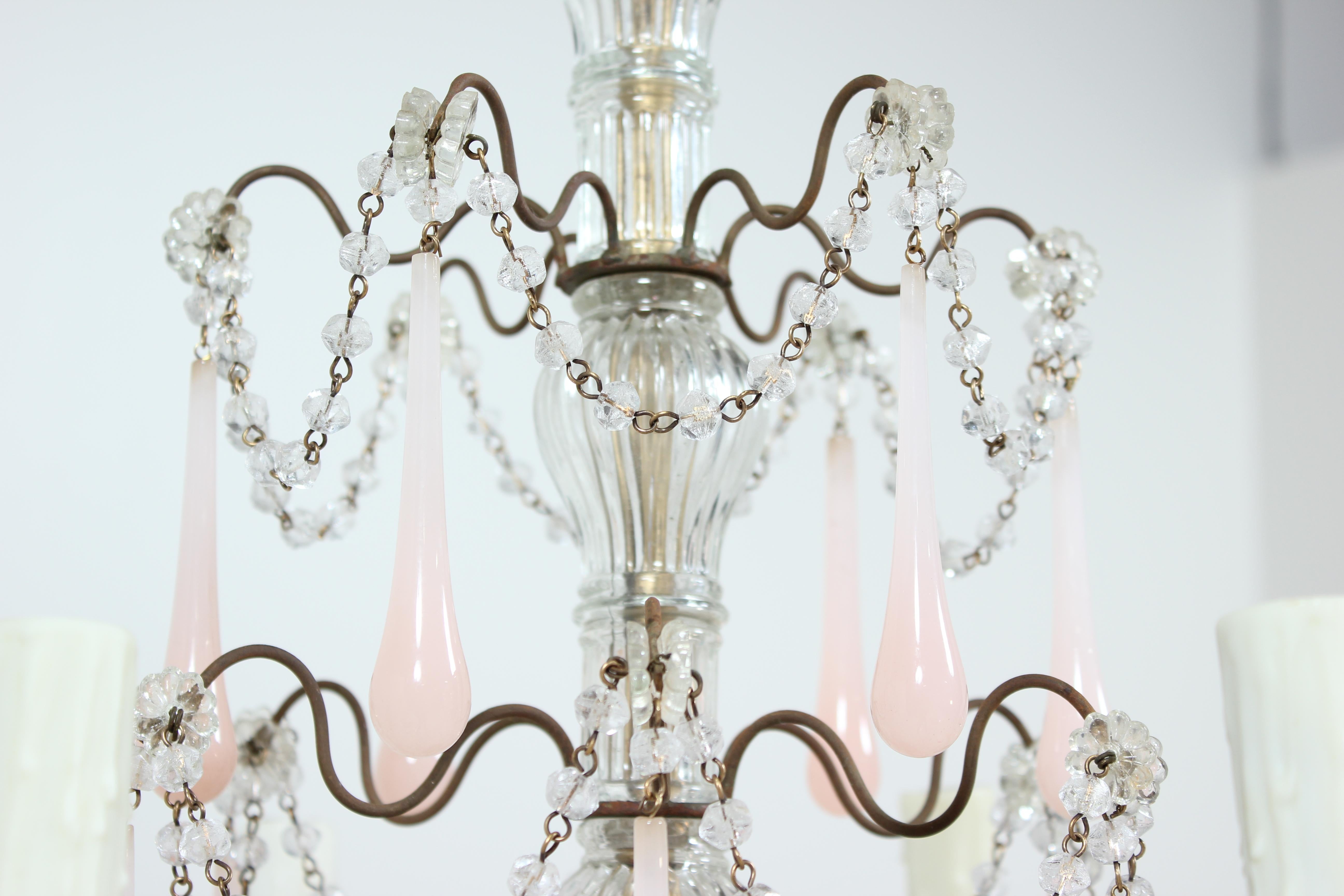 Louis XVI Italian Pink and White Opaline Crystal Beaded Chandelier