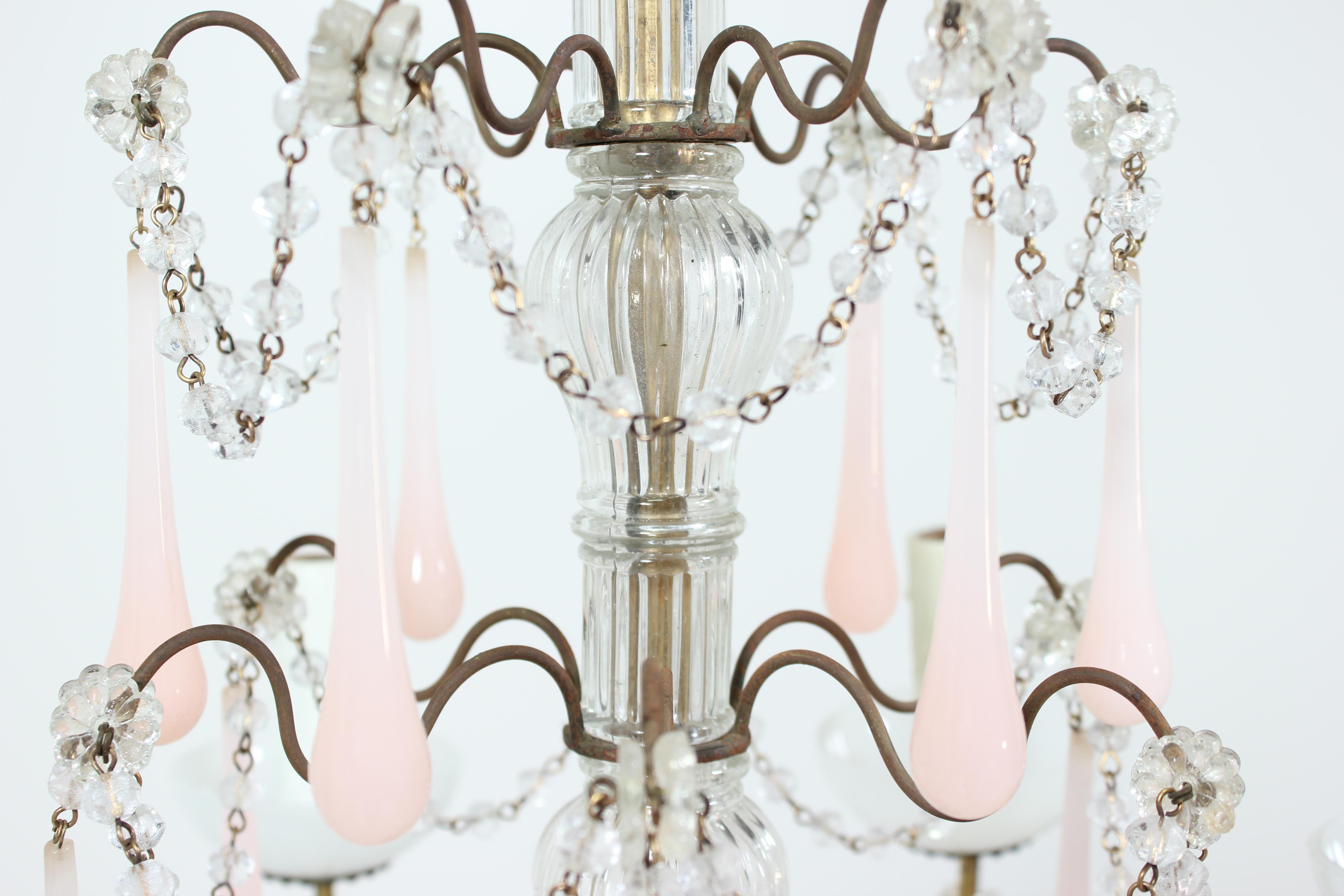 Italian Pink and White Opaline Crystal Beaded Chandelier In Good Condition In Los Angeles, CA