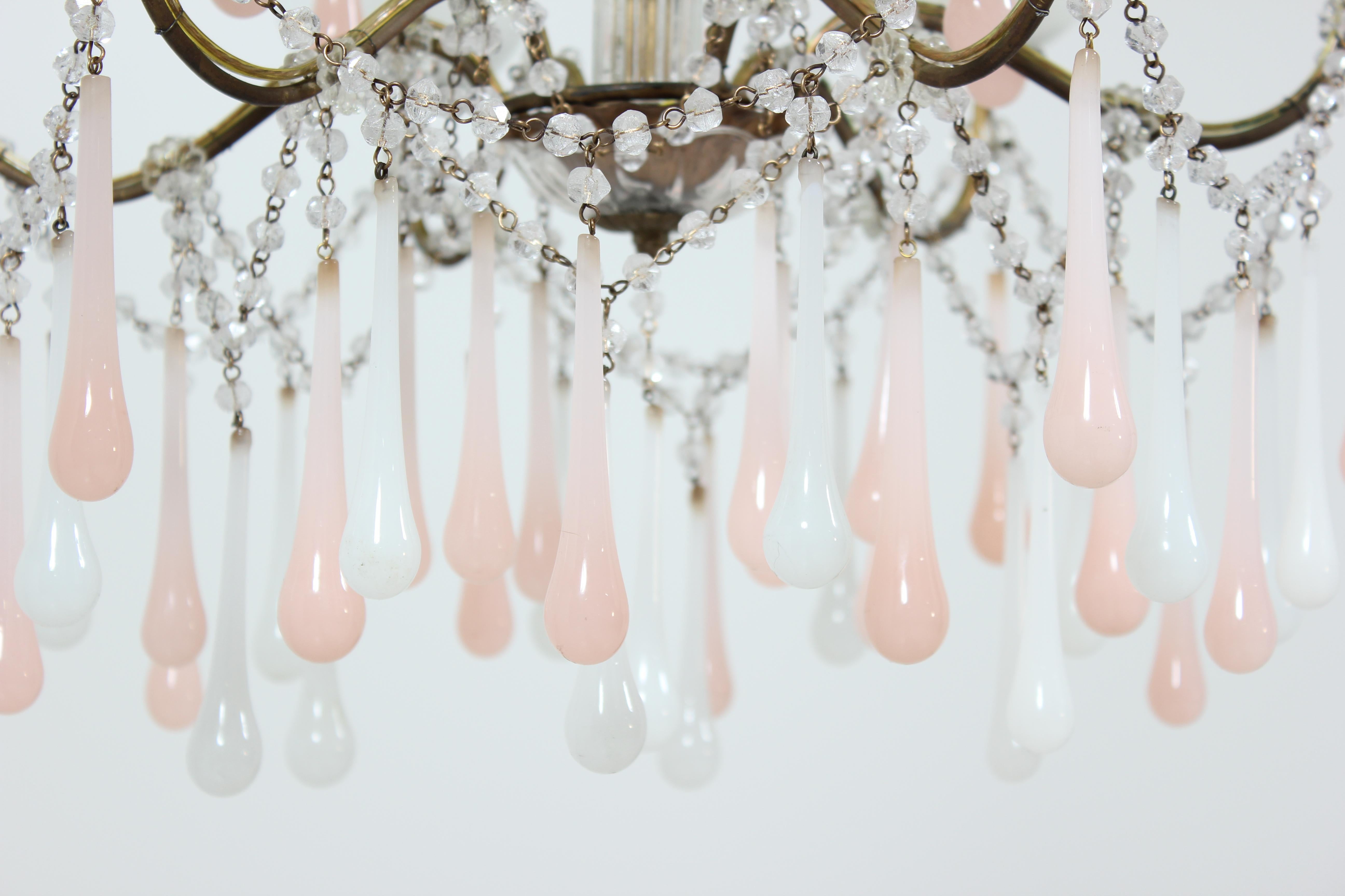 Mid-20th Century Italian Pink and White Opaline Crystal Beaded Chandelier