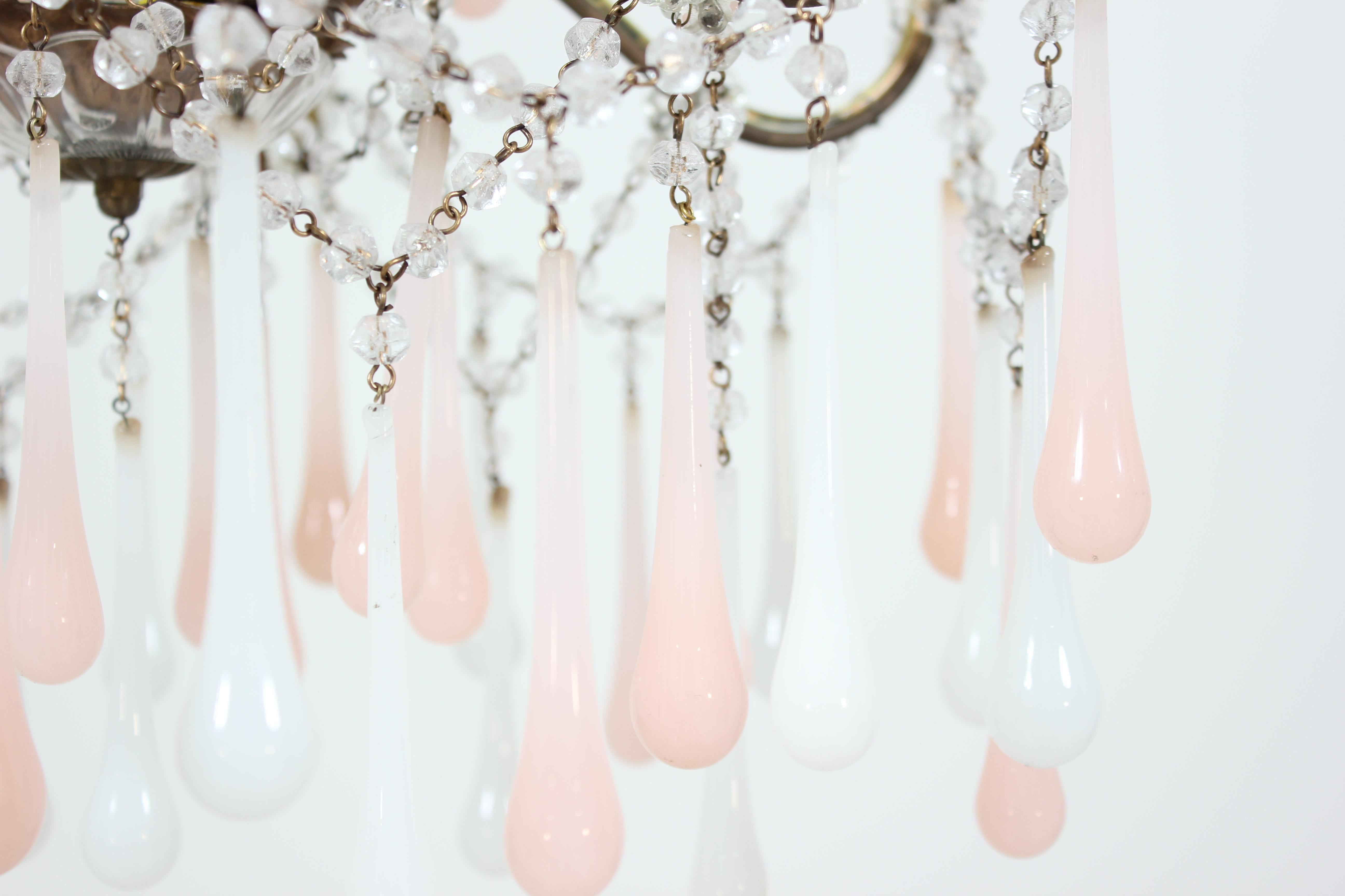 Italian Pink and White Opaline Crystal Beaded Chandelier 1
