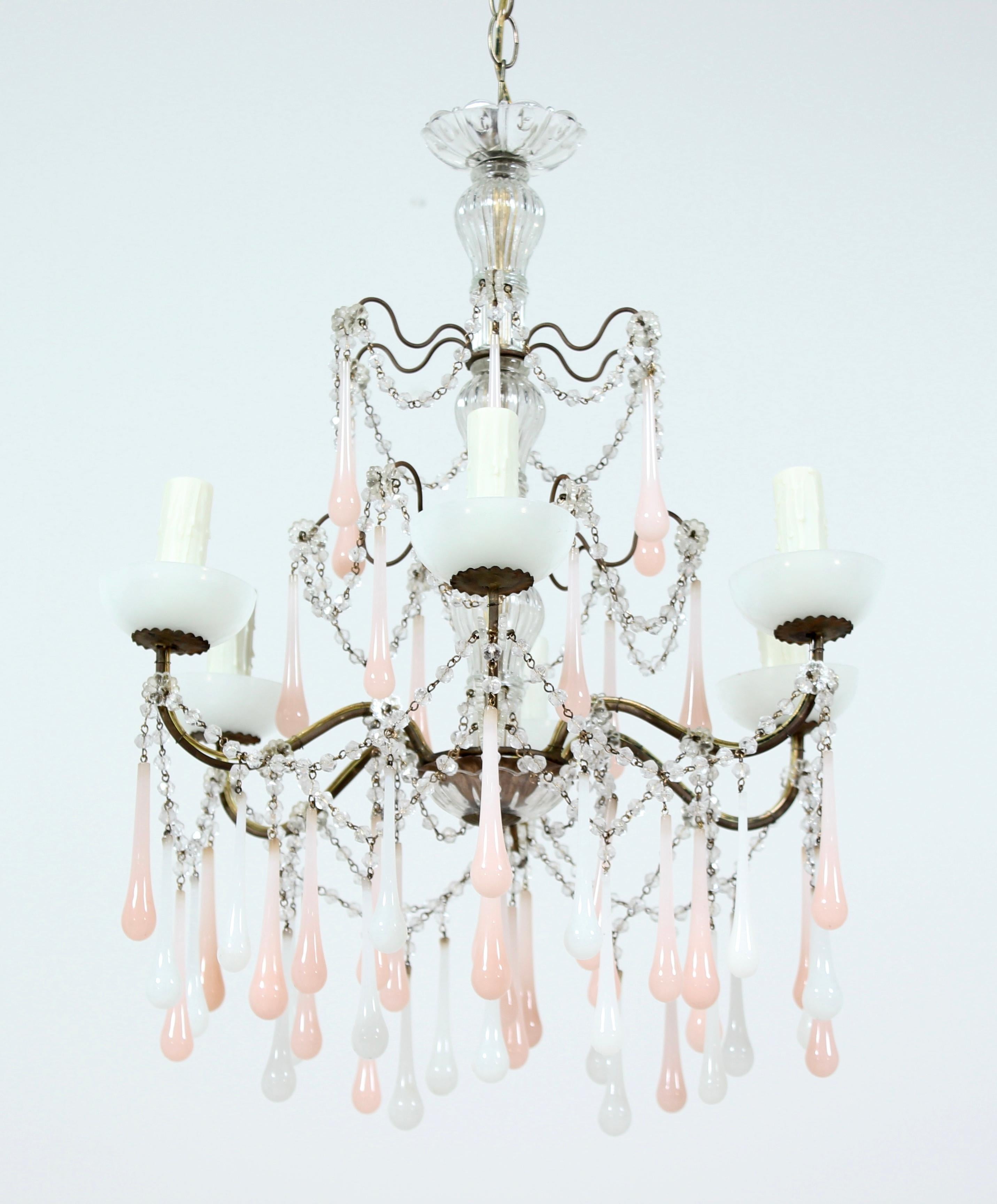 1950s Italian crystal beaded chandelier with a beautiful combination of pink and white glass opaline drops and bobeches. 

This delicate chandelier would look so beautiful in a powder room or in a girl’s room.            

The chandelier is newly