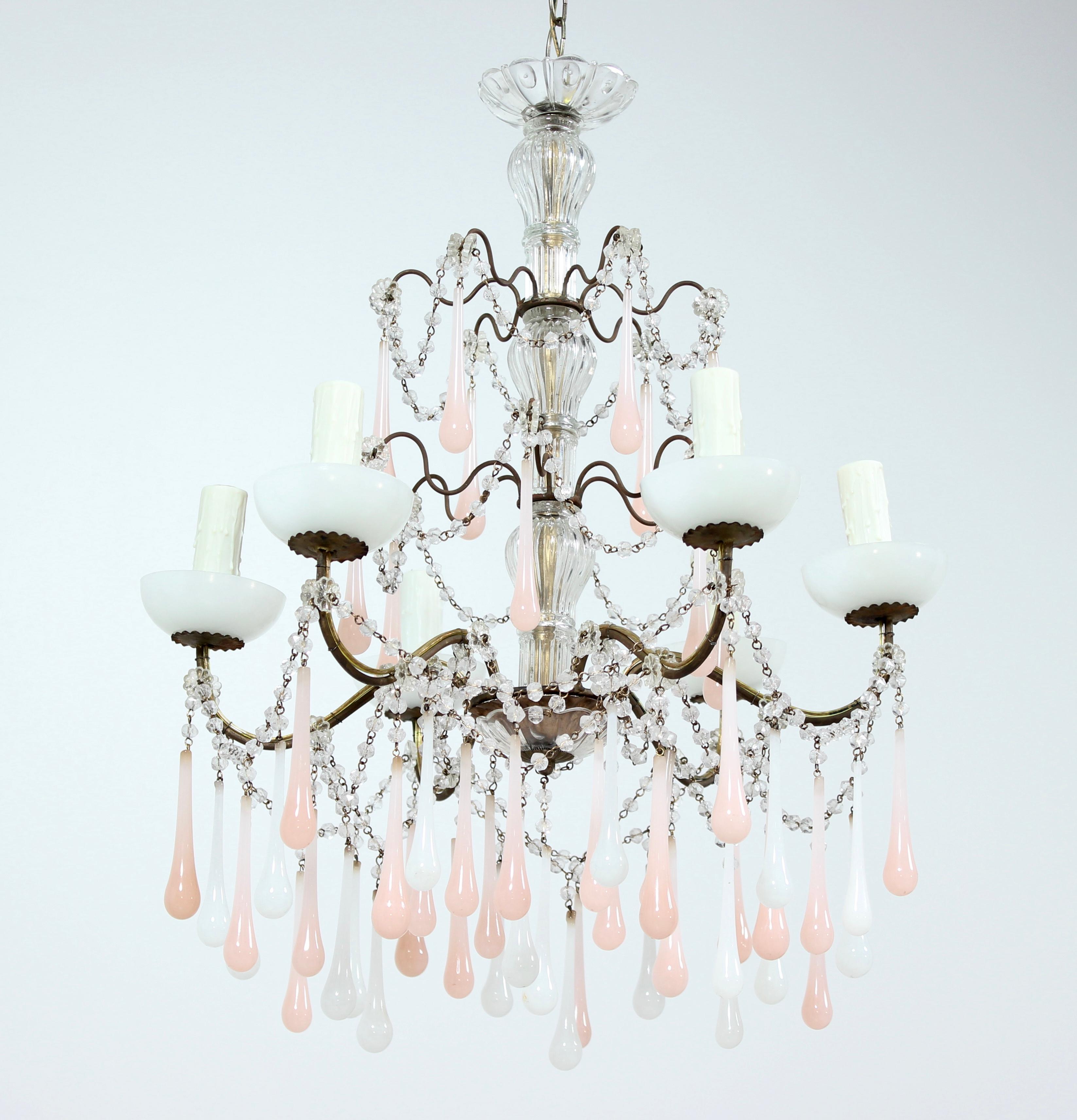 Italian Pink and White Opaline Crystal Beaded Chandelier 2