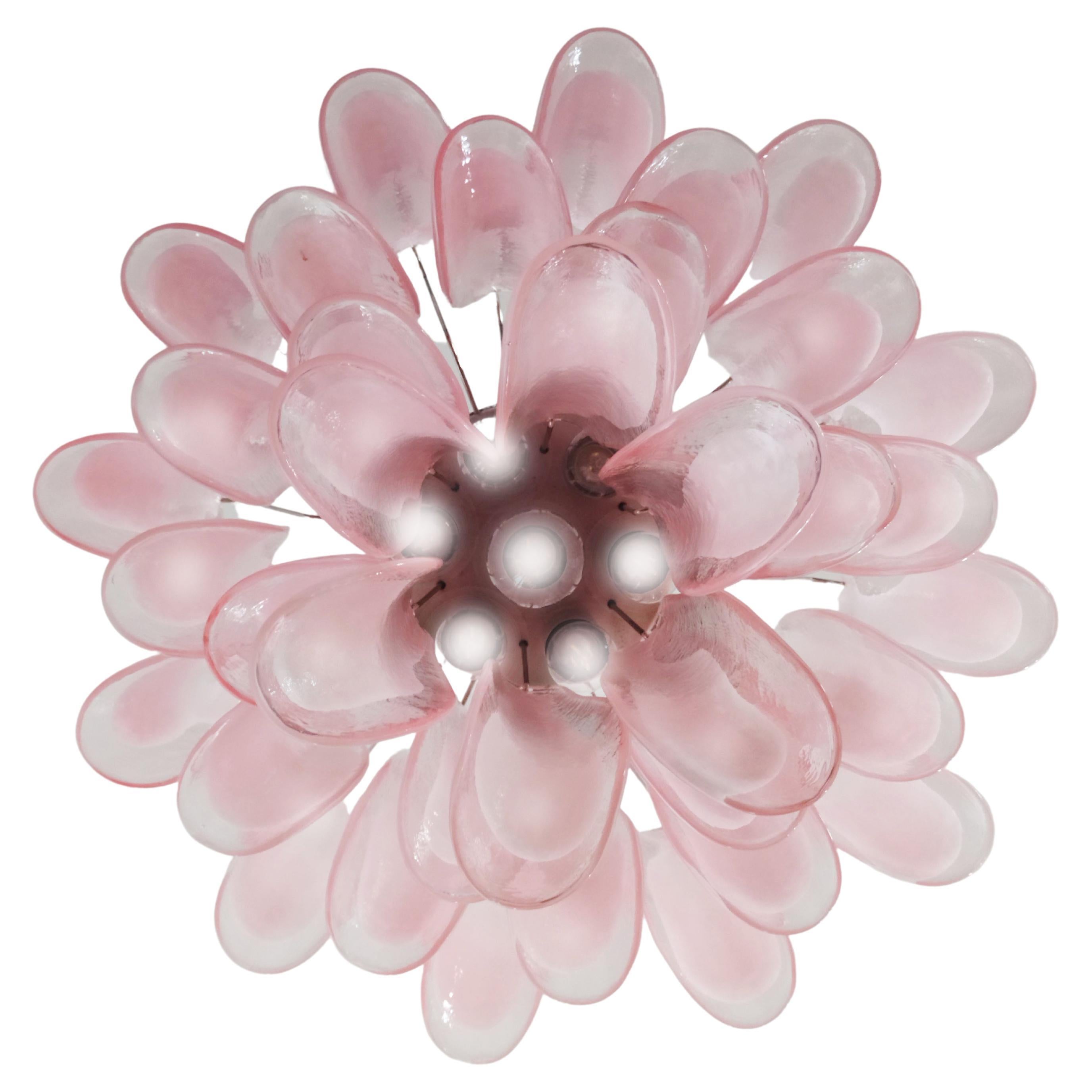 1970’s Murano Italian glass chandelier. Fantastic chandelier with pink and white “lattimo” glasses, nickel-plated metal frame. It has 36 big monumental petals glass. The glasses are very high quality, the photos do not do the beauty, luster of these