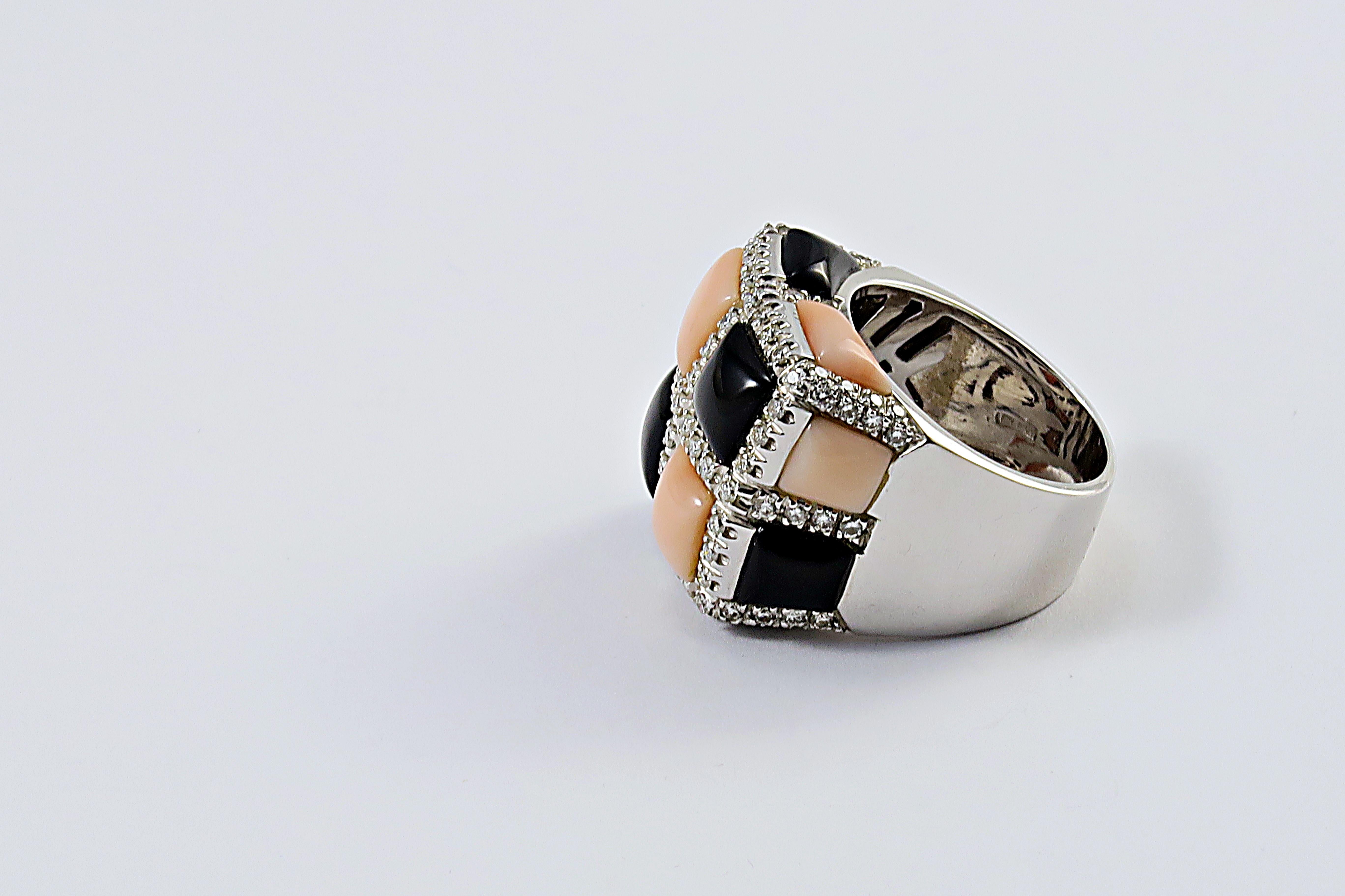 Contemporary Italian Pink Coral Black Onyx Diamond White Gold Ring For Sale