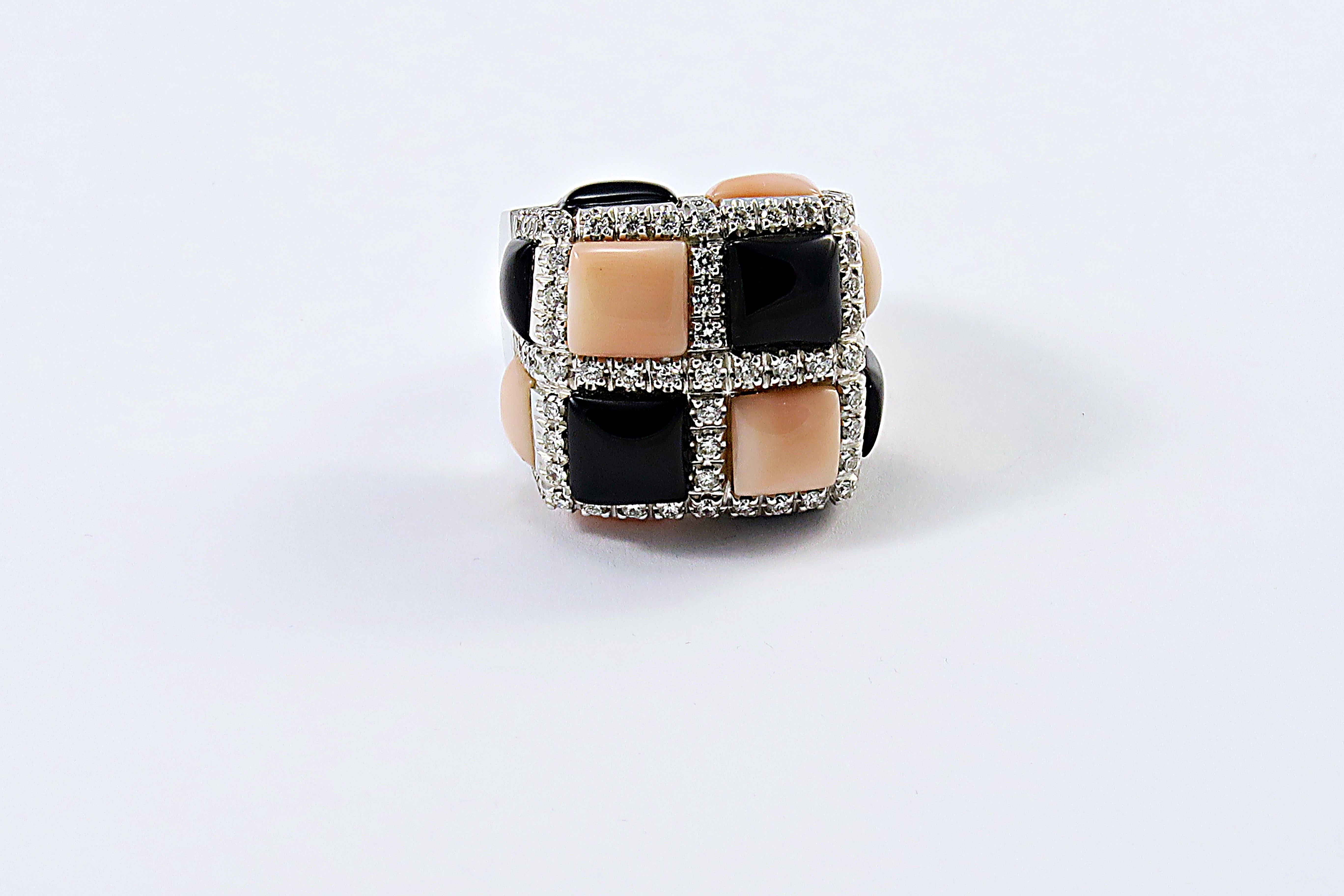 Italian Pink Coral Black Onyx Diamond White Gold Ring For Sale 1