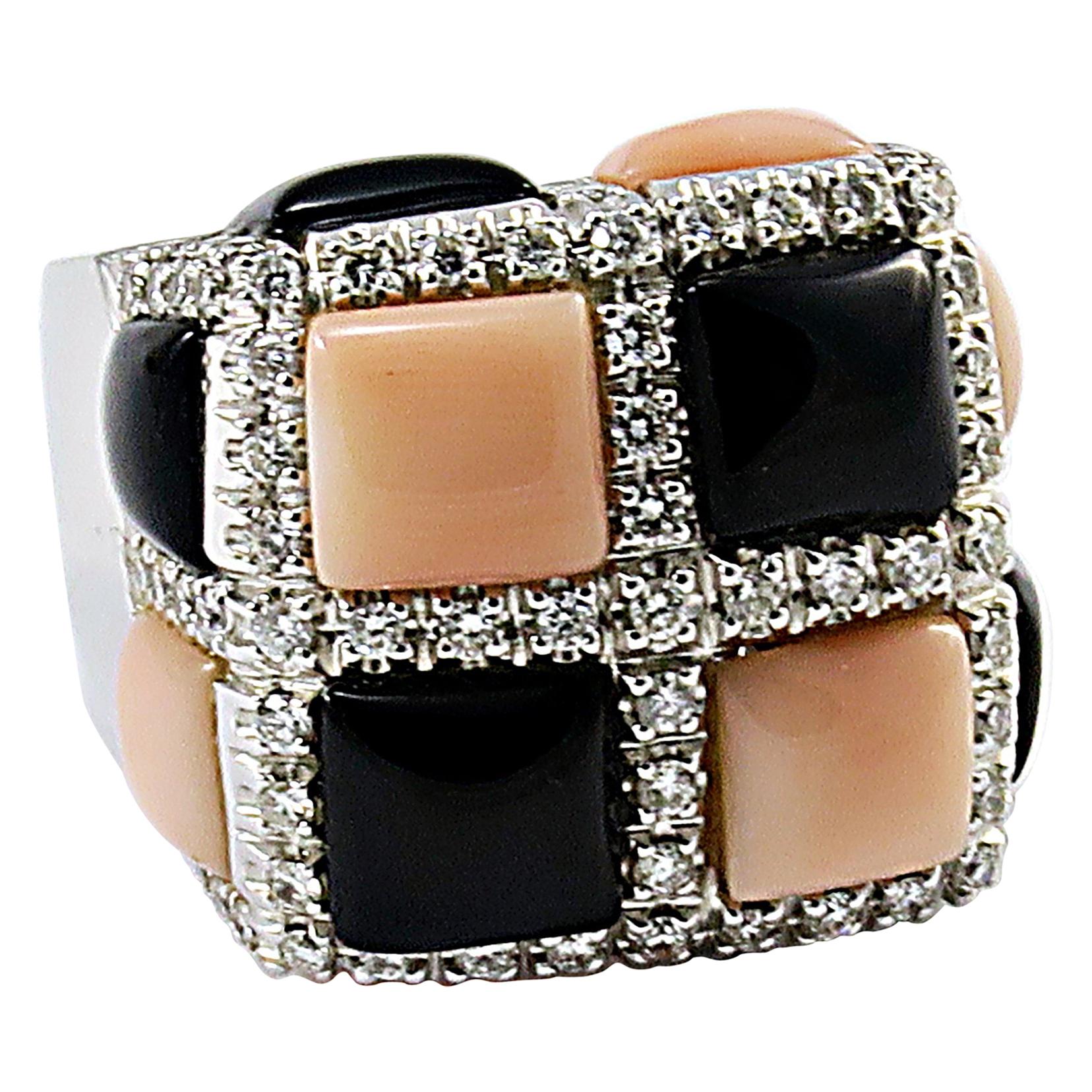Italian Pink Coral Black Onyx Diamond White Gold Ring For Sale