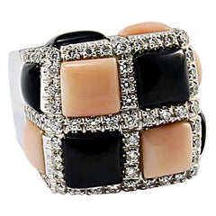 Italian Pink Coral Black Onyx Diamond White Gold Ring