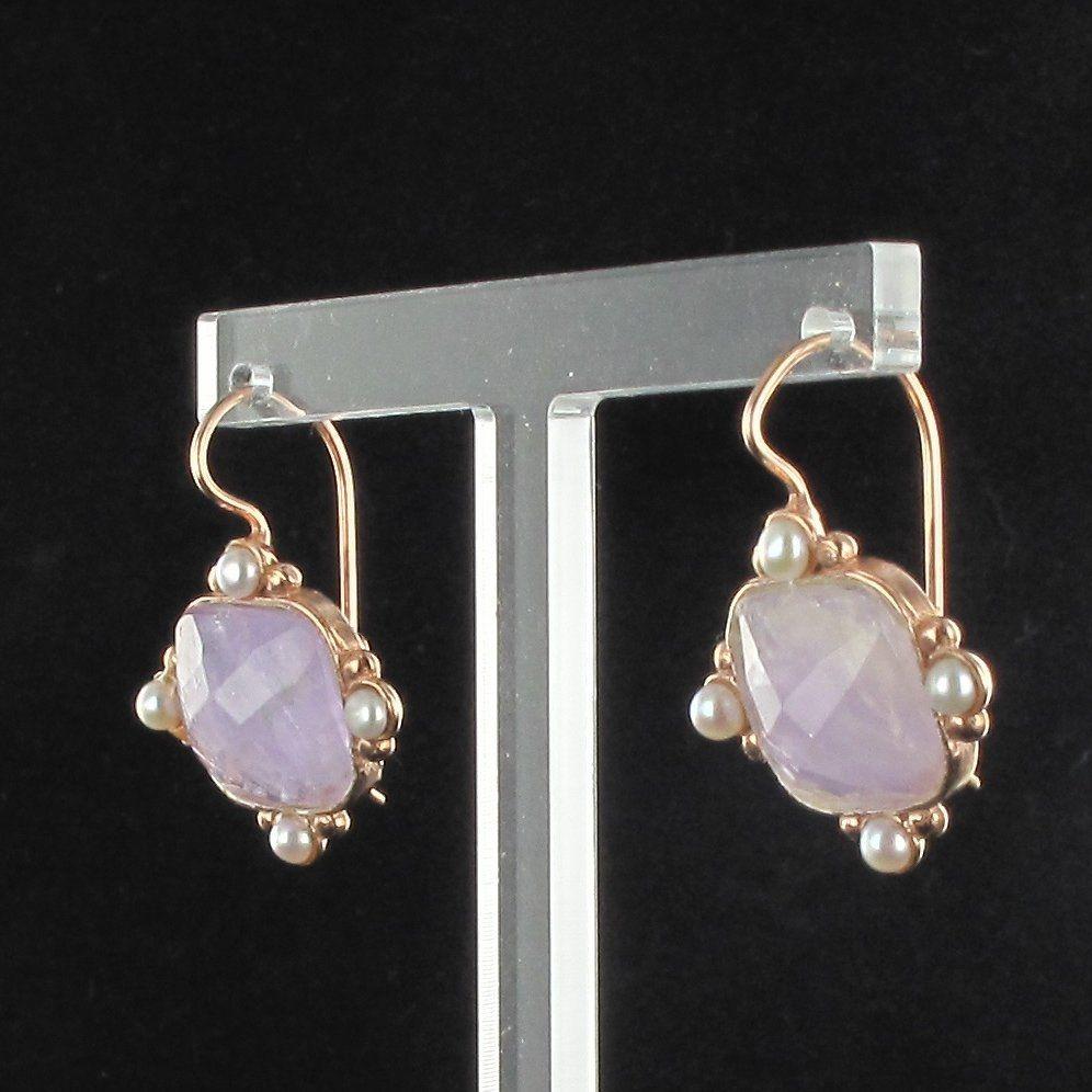 Etruscan Revival Italian Pink Crystal and Pearl Vermeil Drop Earrings