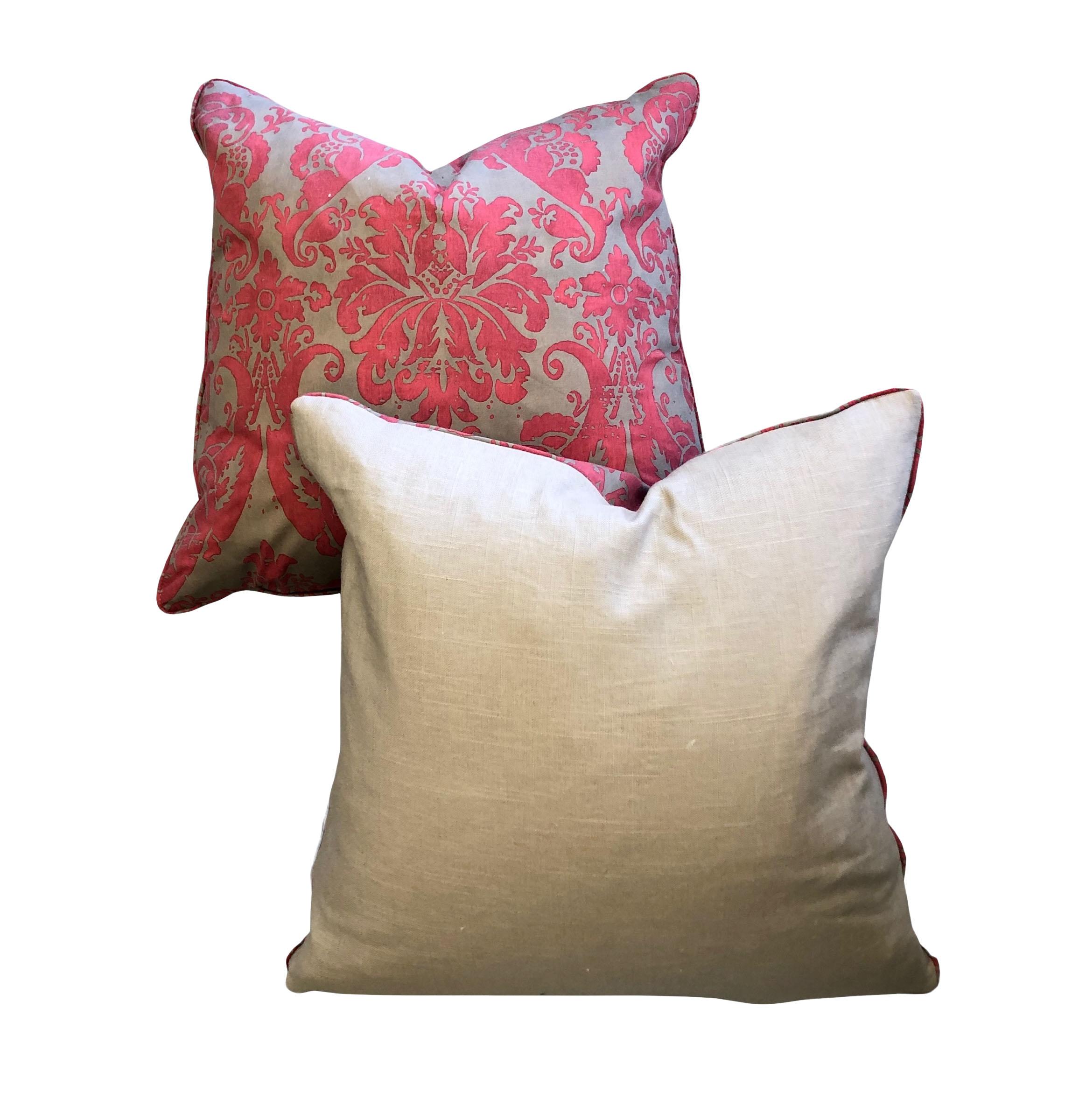 Italian Pink Fortuny Pillows, a Pair In Good Condition In Tampa, FL