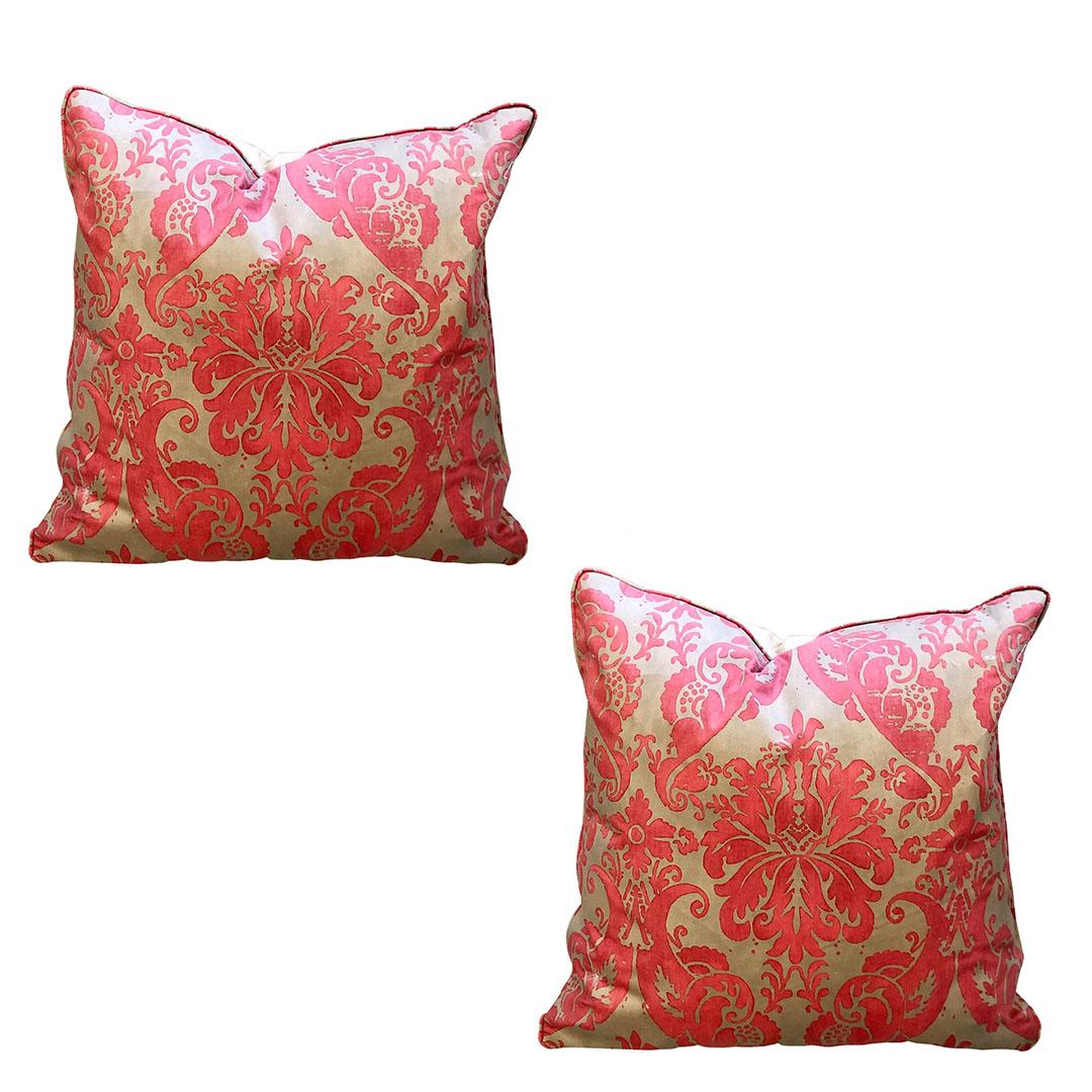 Textile Italian Pink Fortuny Pillows, a Pair