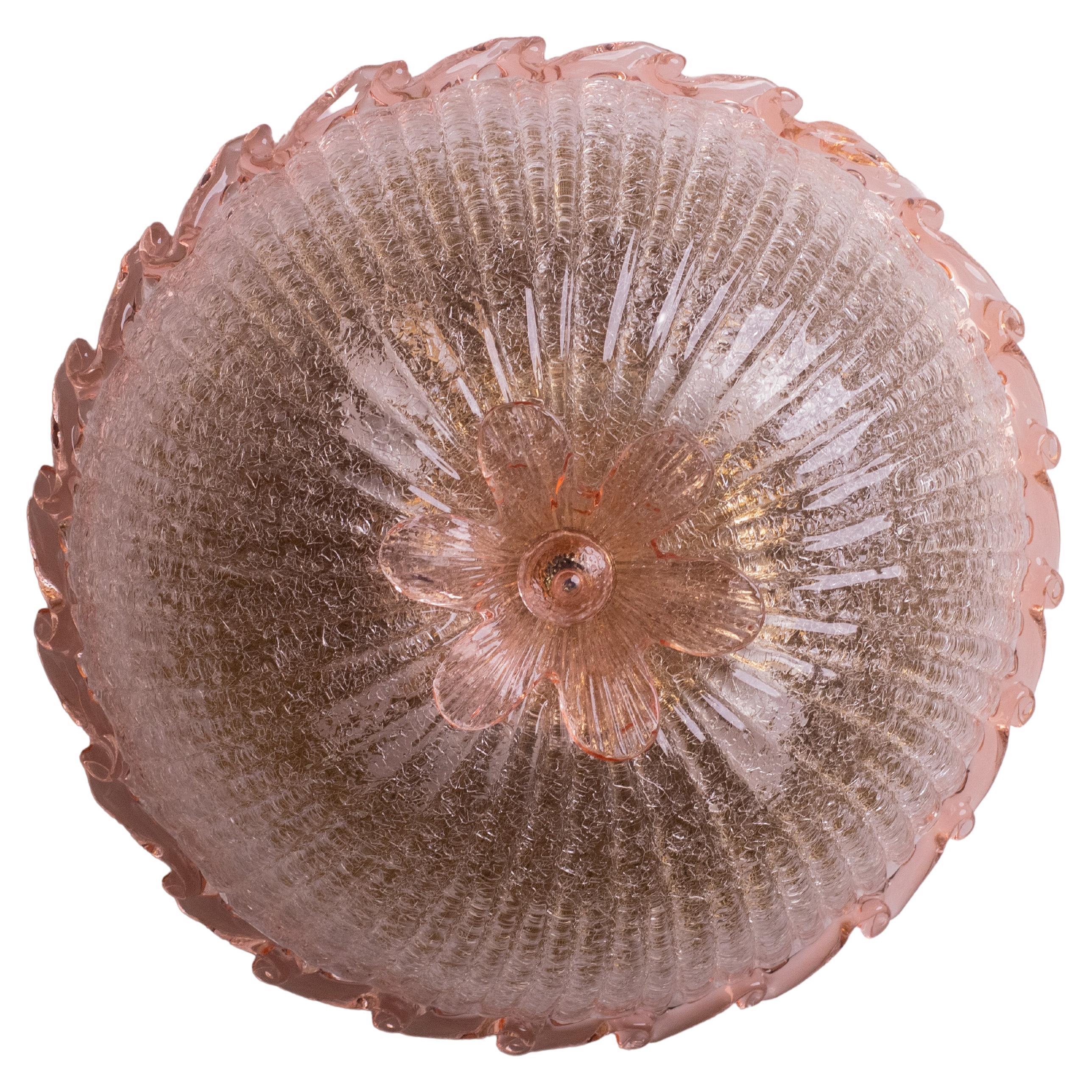 Italian Pink Glass Ceiling Flower Fixture, Murano, 1960