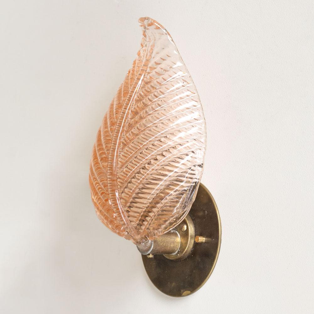 Brass Italian Pink Glass Leaf Sconce For Sale