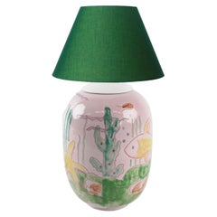 Lampada da tavolo italiana in ceramica smaltata rosa con motivo ispirato al mare