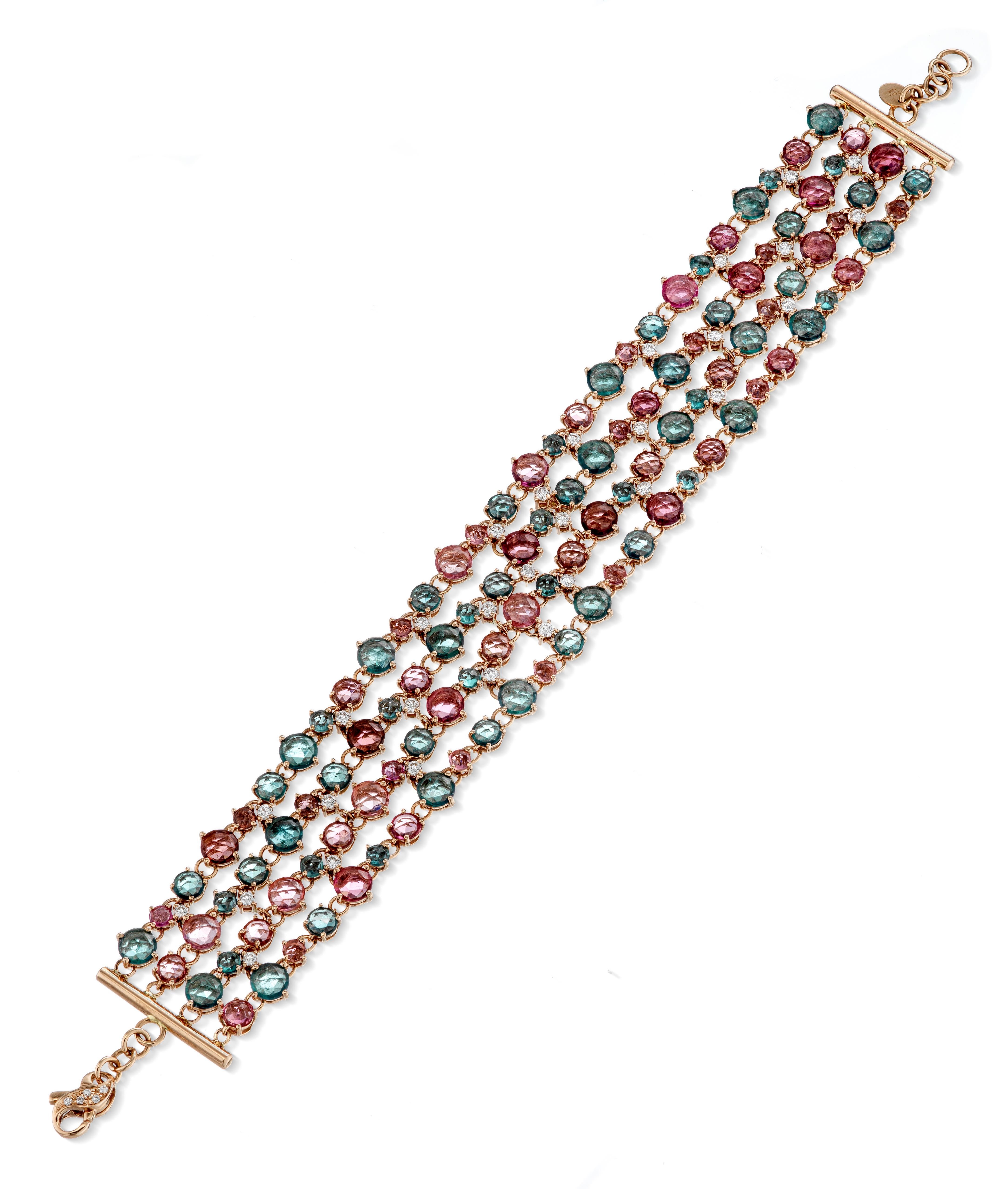Modern Italian Pink Green Blue Tourmaline Diamonds 5 Row Rose 18K Gold Bracelet for Her For Sale