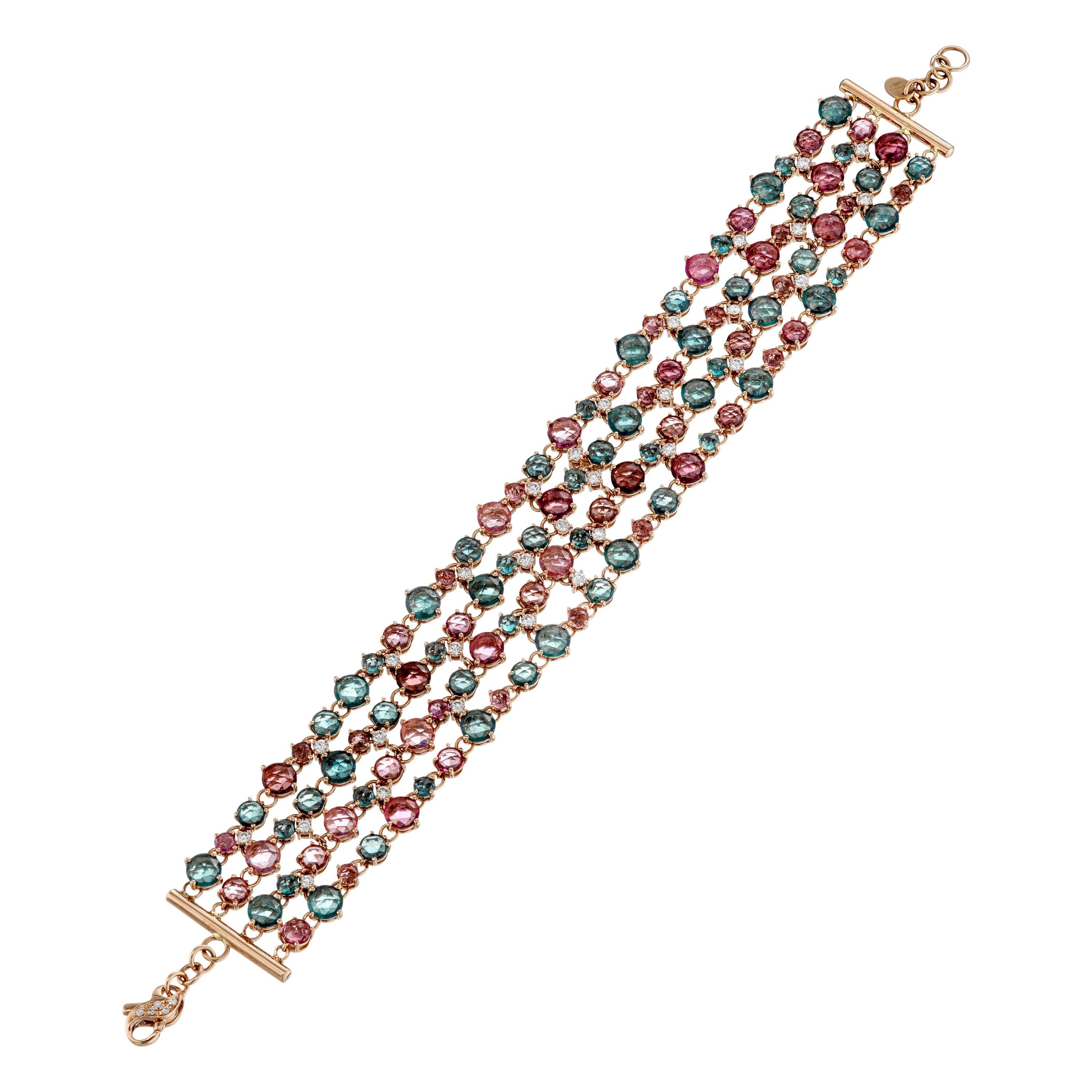 Bracelet italien en or rose 18 carats avec 5 rangées de diamants et tourmalines roses, vertes et bleues, pour elle en vente