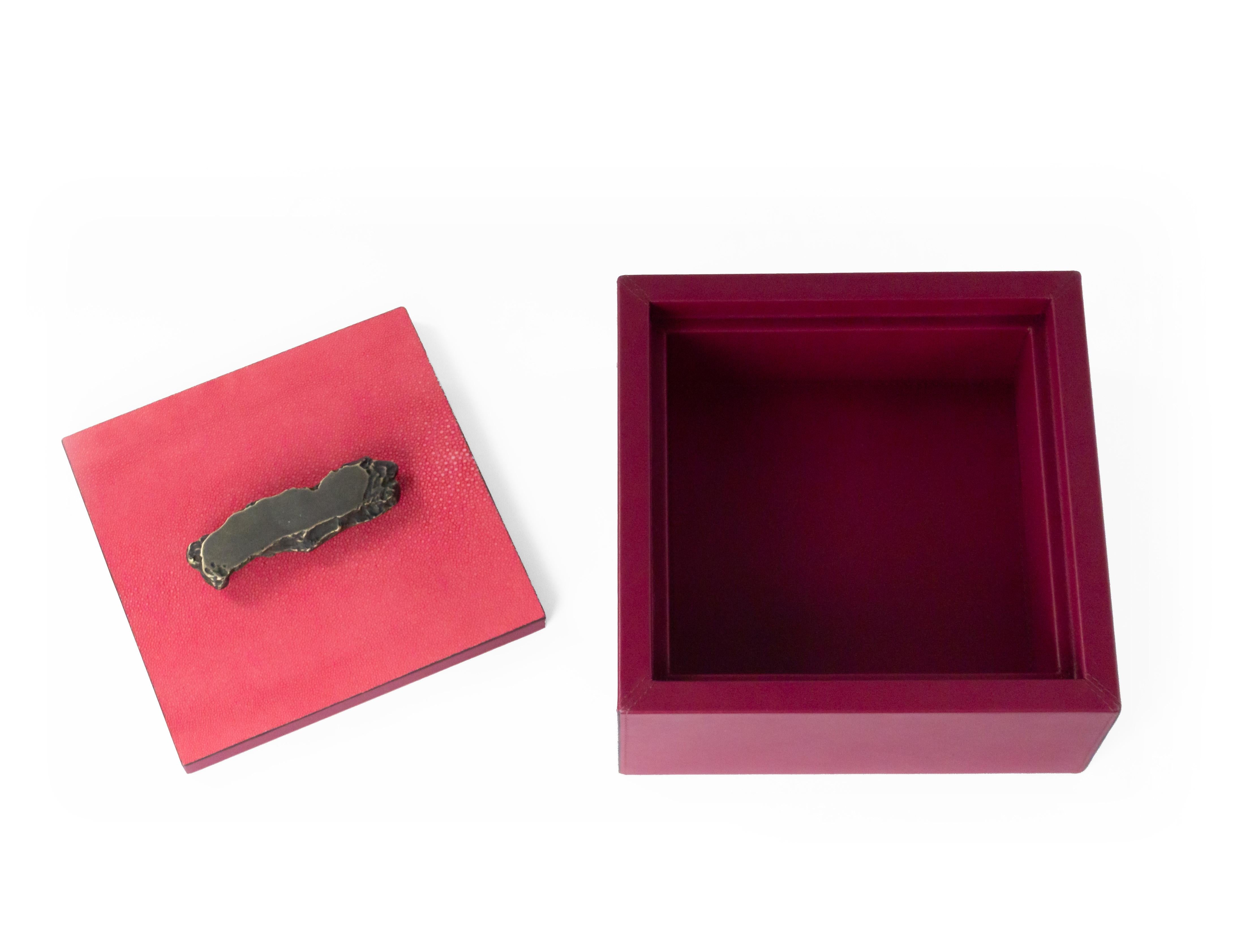 Italian Pink Leather and Shagreen Box with Bronze Abstract Handle 2