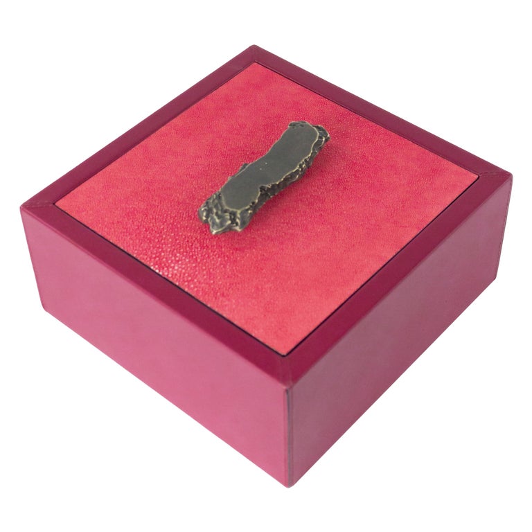 Italian Pink Leather and Shagreen Box with Bronze Abstract Handle