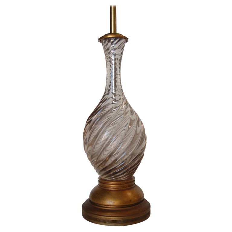 Italian Pink Metalic Swirled Murano Glass Table Lamp on Gold Wood Base For Sale