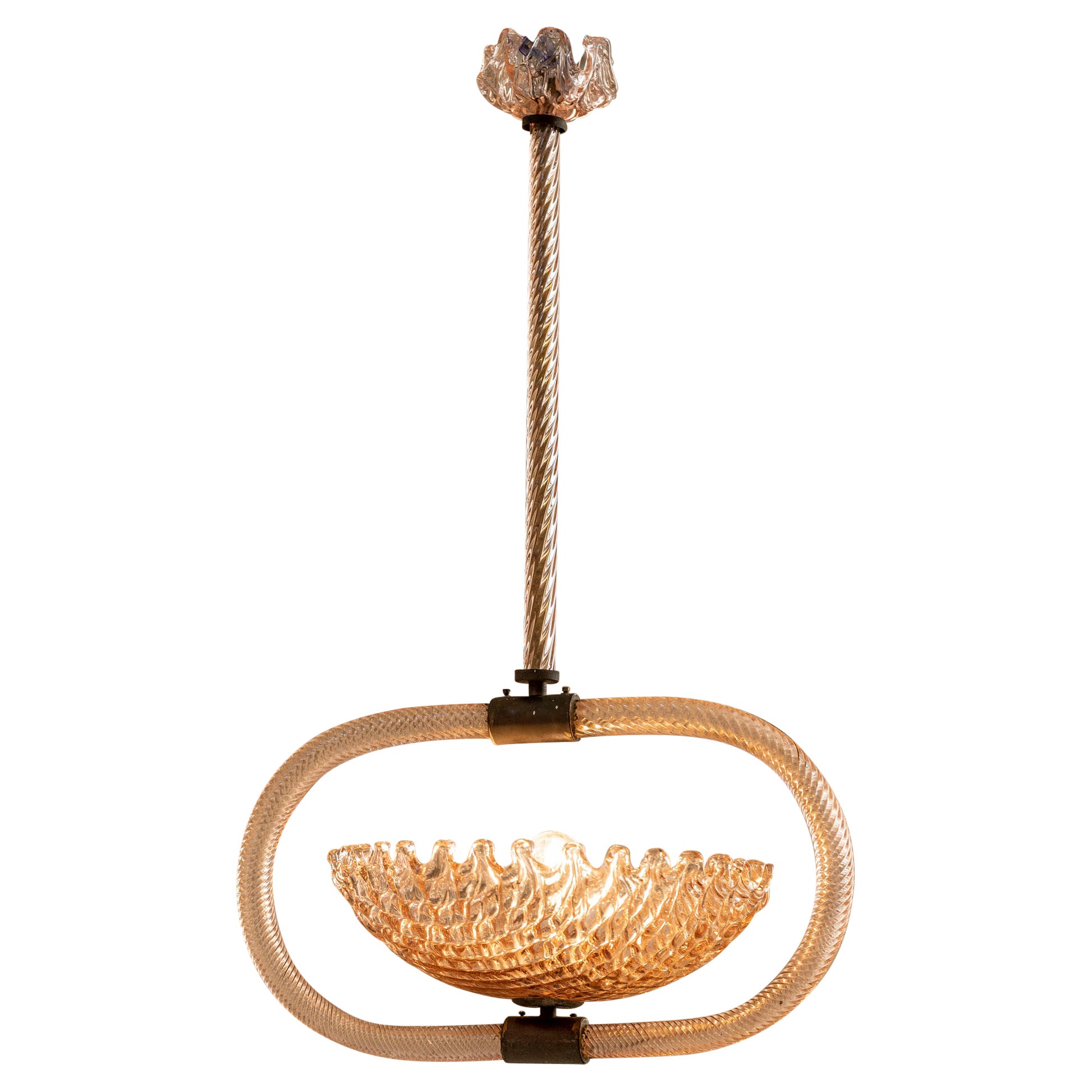 Lampadario italiano in vetro rosa di Murano attribuito a Ercole Barovier