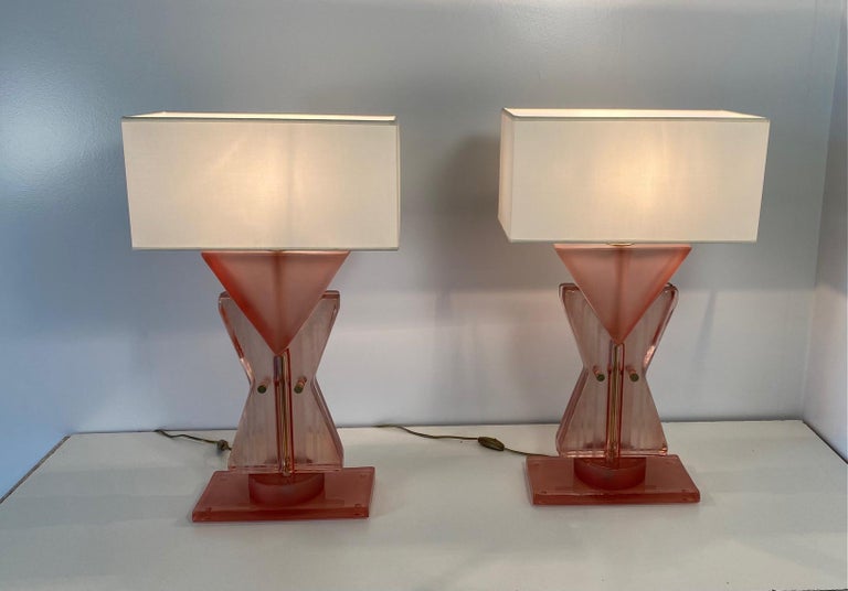 Italian Pink Murano Glass Geometric 'Totem' Lamps For Sale at 1stDibs