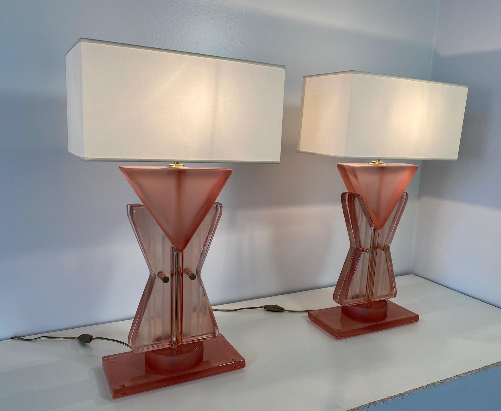 Italian Pink Murano Glass Geometric 'Totem' Lamps In Good Condition In Meda, MB