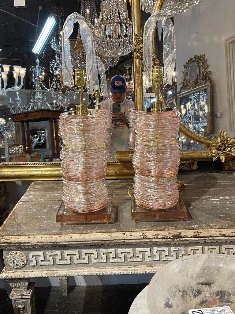 Fabulous pair of pale pink Murano glass lamps from Italy. Featuring beautiful textured glass that just glistens. Creates a very high end look! Stunning! Wired and ready to go.