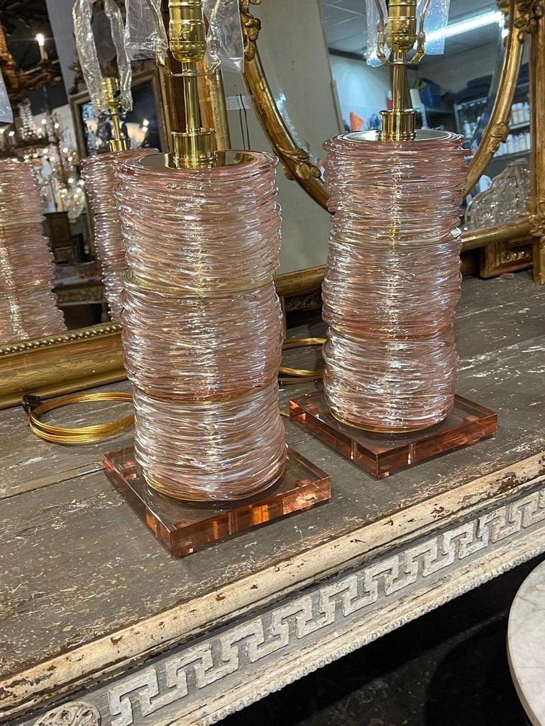 Contemporary Italian Pink Murano Glass Lamps, a Pair