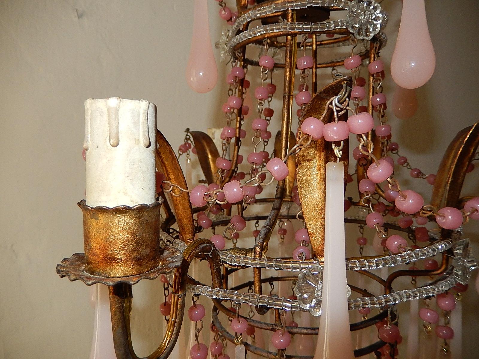 Italienischer Kronleuchter aus rosa Opalkristall mit Murano-Perlen um 1930 (Kristall) im Angebot