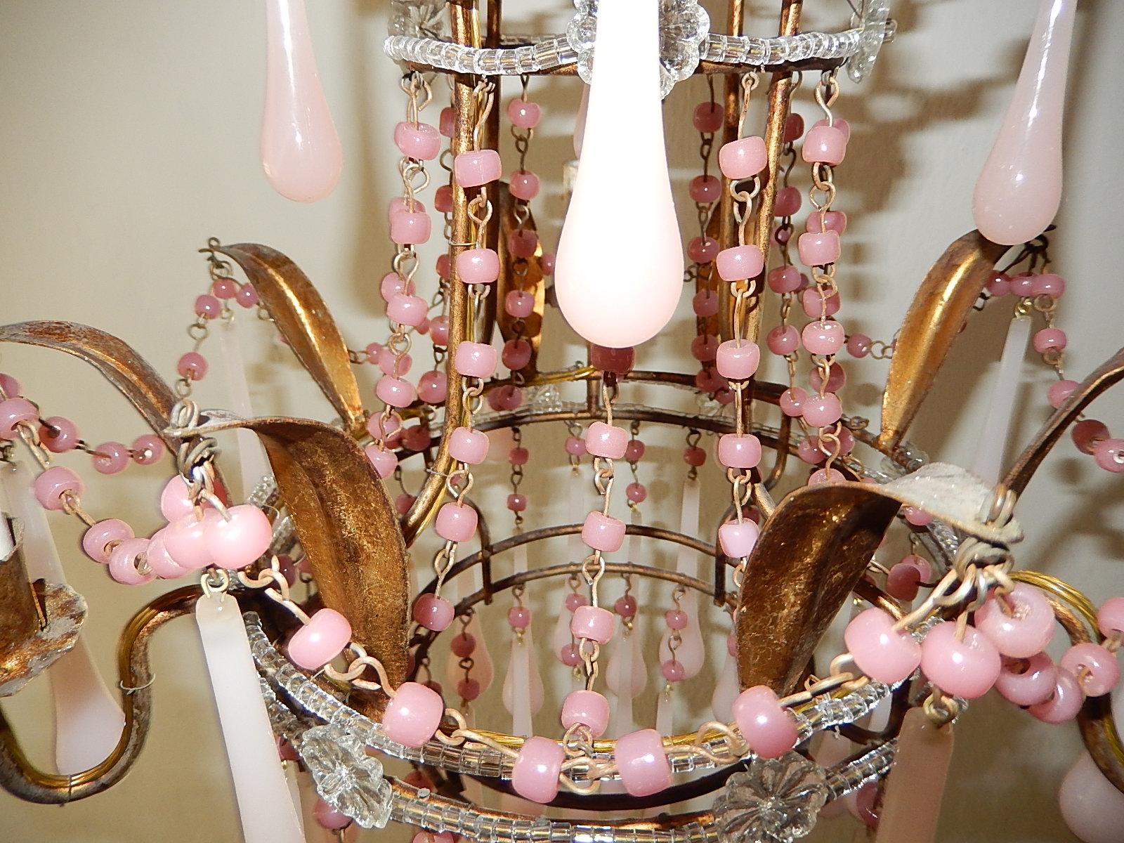 Mid-20th Century Italian Pink Opaline Crystal Beaded Murano Drops Chandelier circa 1930 For Sale