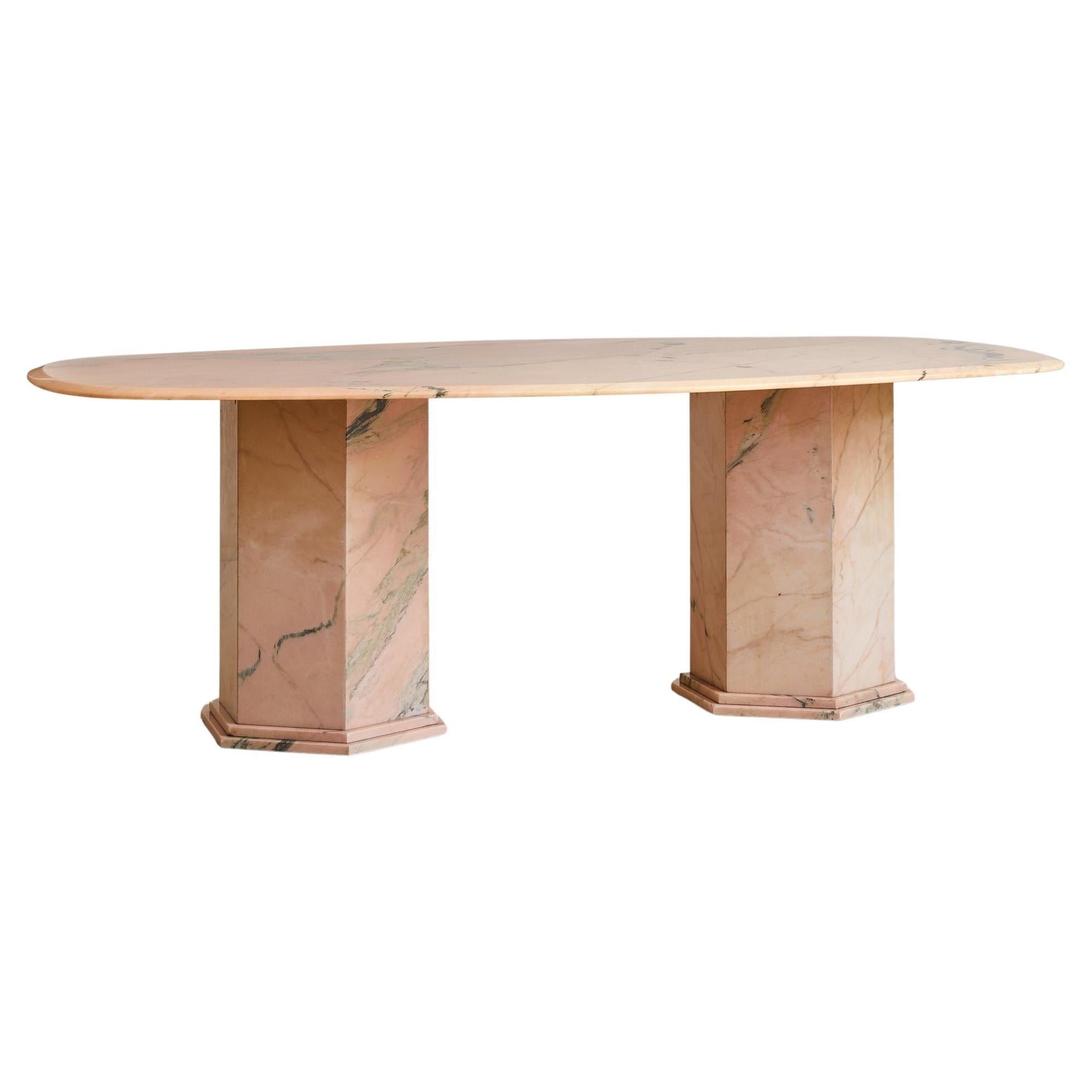 Italian Pink Portuguese Marble Oblong Dining Table with Pedestal Bases, 1970s