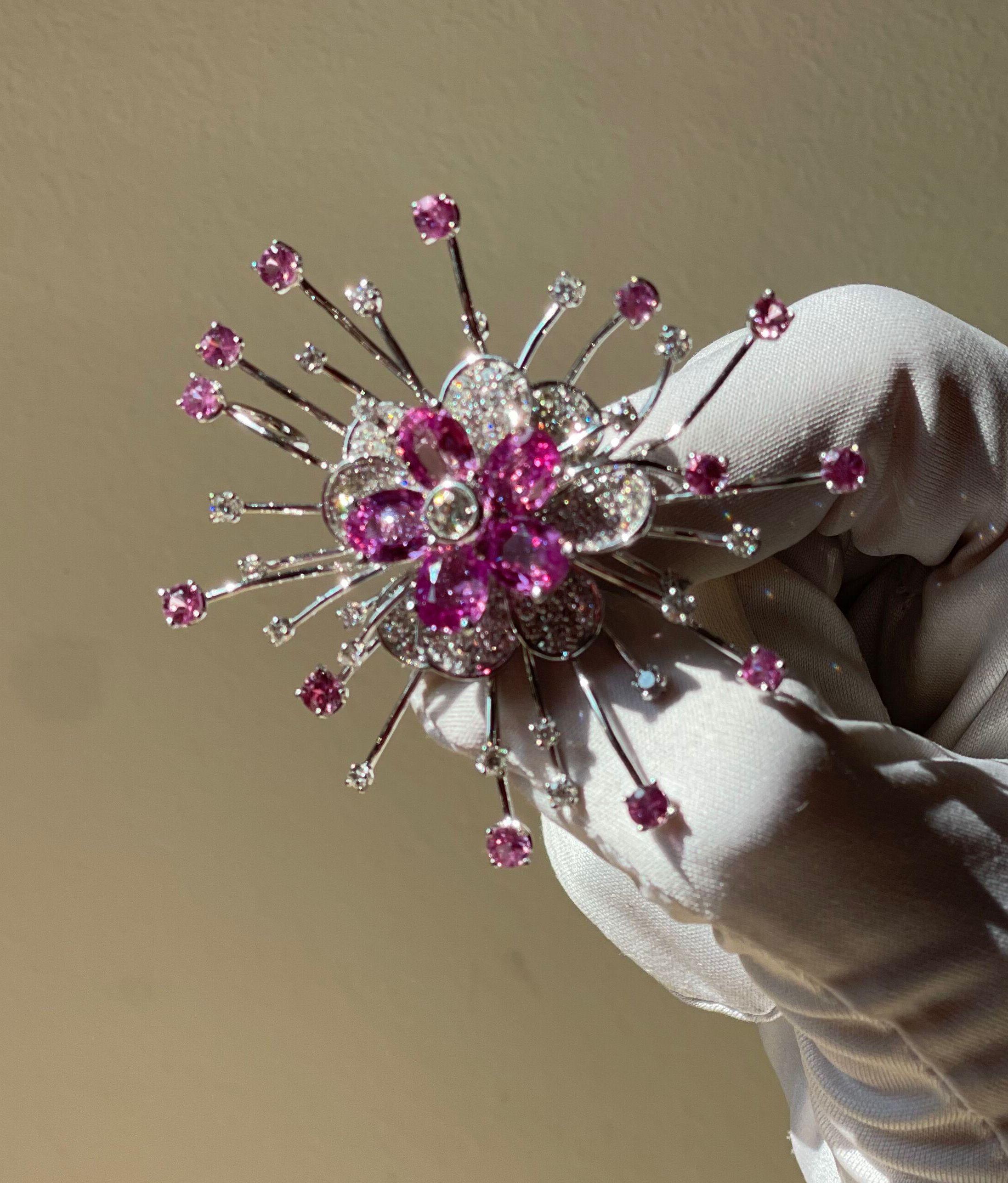 Round Cut Italian Pink Sapphire Diamond Gold Large Flower Brooch Pendant For Sale