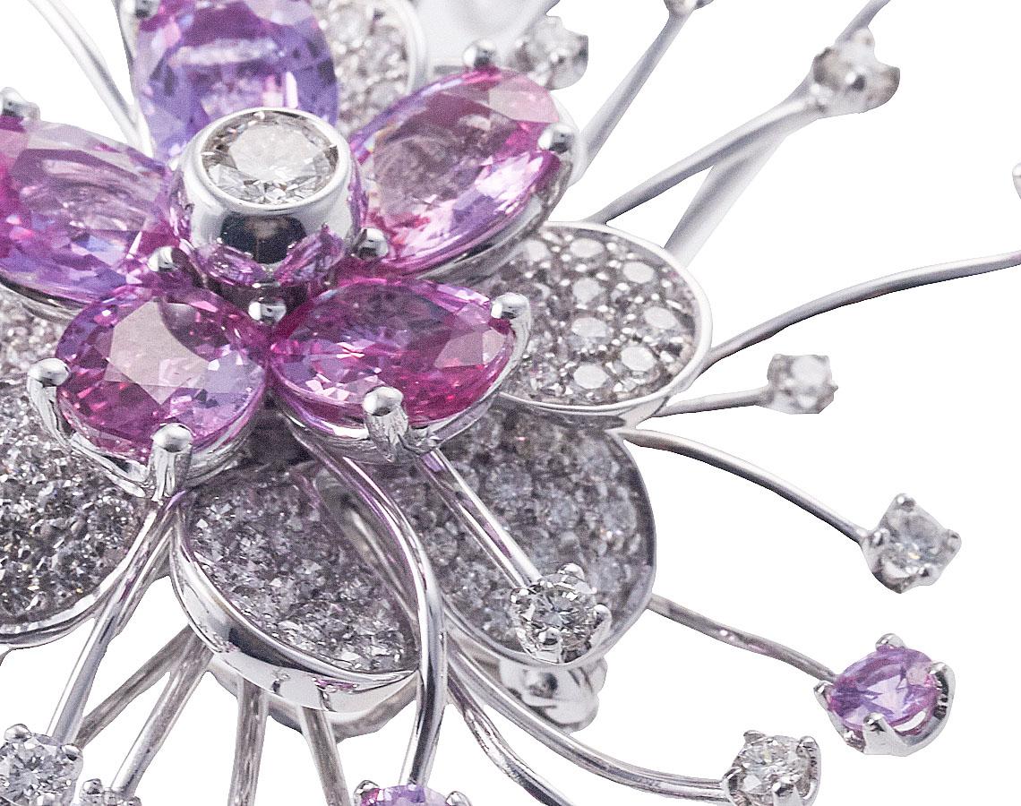 Italian Pink Sapphire Diamond Gold Large Flower Brooch Pendant For Sale 1