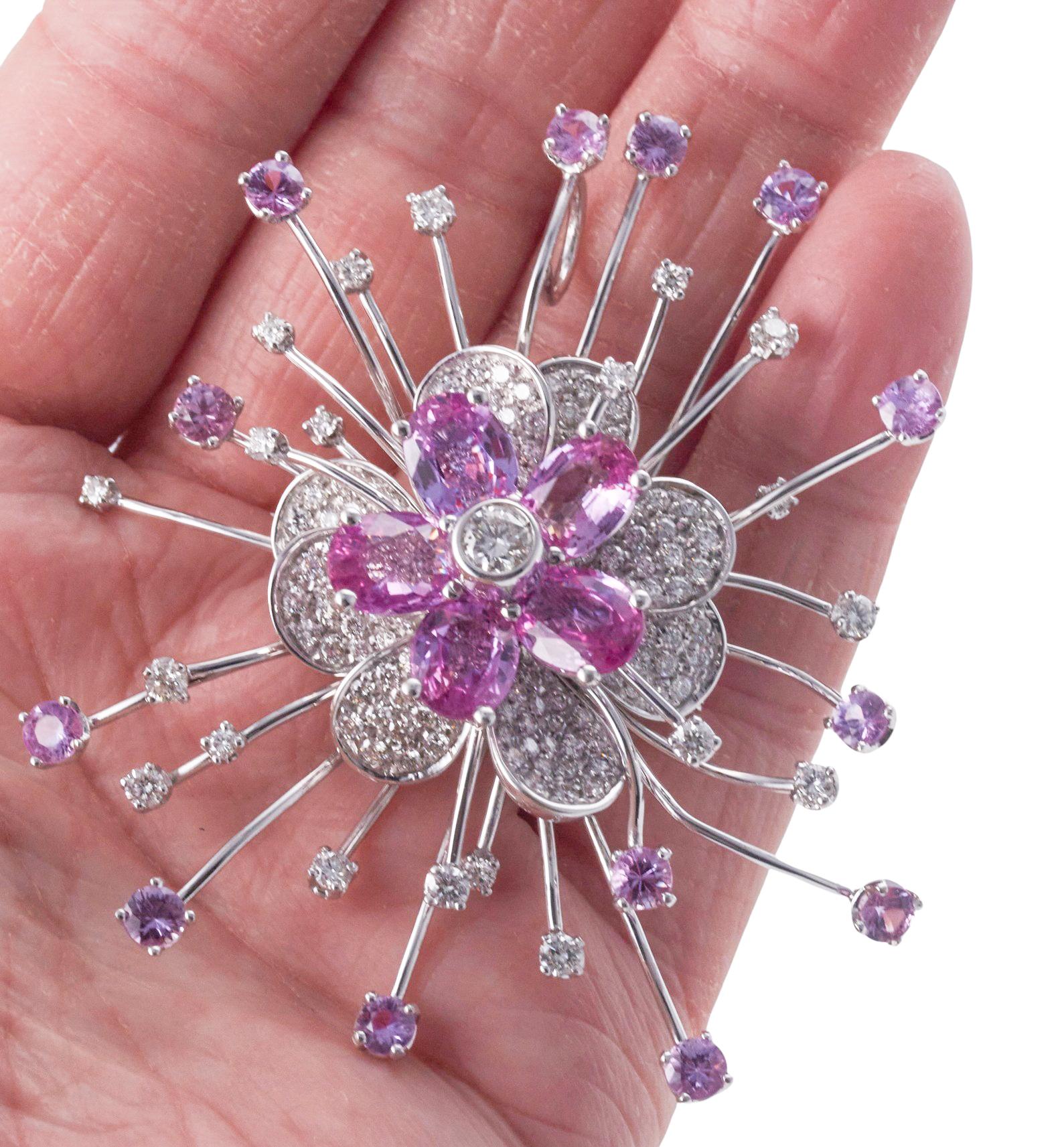 Italian Pink Sapphire Diamond Gold Large Flower Brooch Pendant For Sale 2
